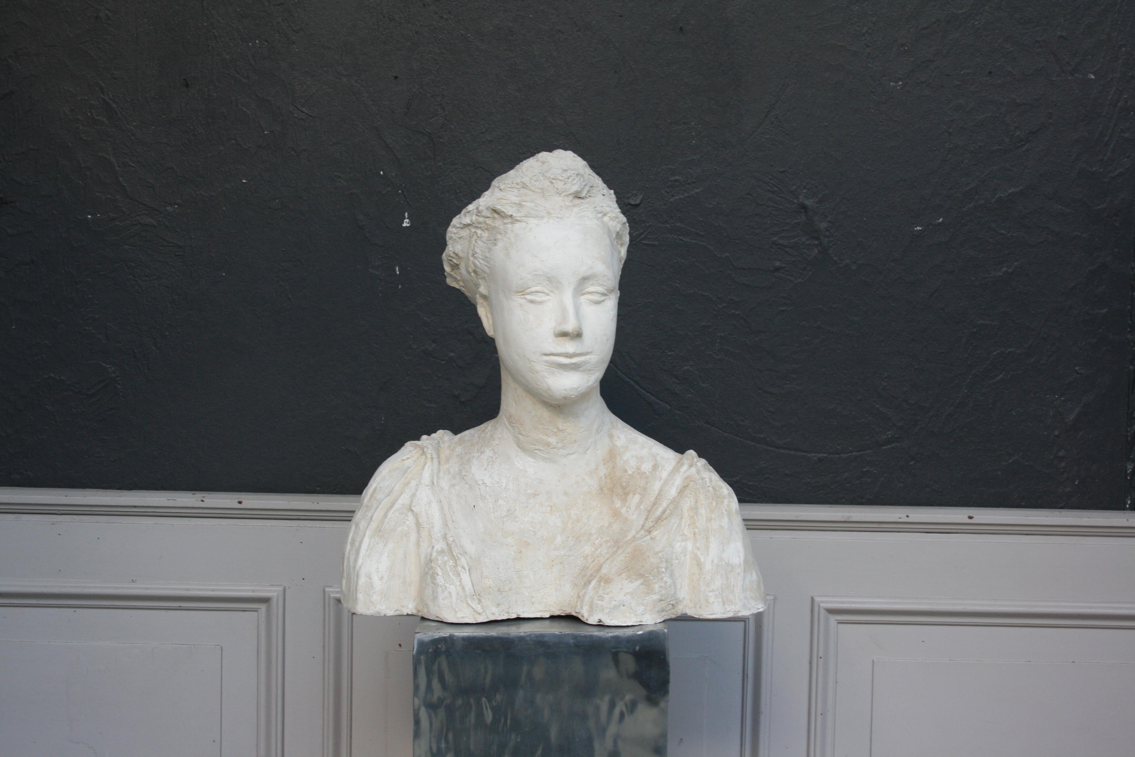 French Plaster Bust of a Woman, Handsculpted, France, circa 1930