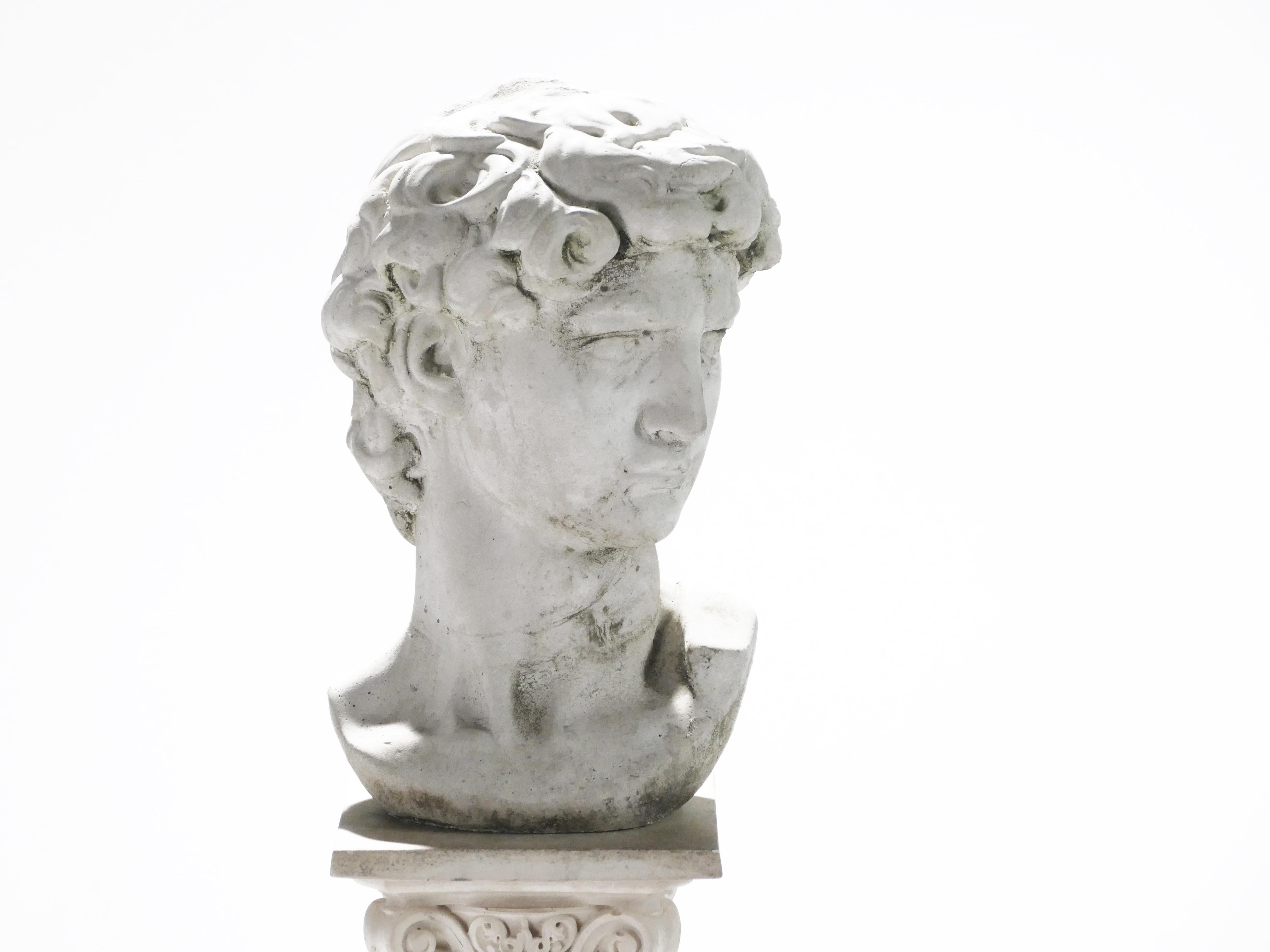 A bust of David sculpted in the 1950s. This plaster sculpture is beautifully neoclassical, with strong lines and Roman inspiration. The piece has a dichotomous bold and reflective energy that would complement a contemporary study or living room. The