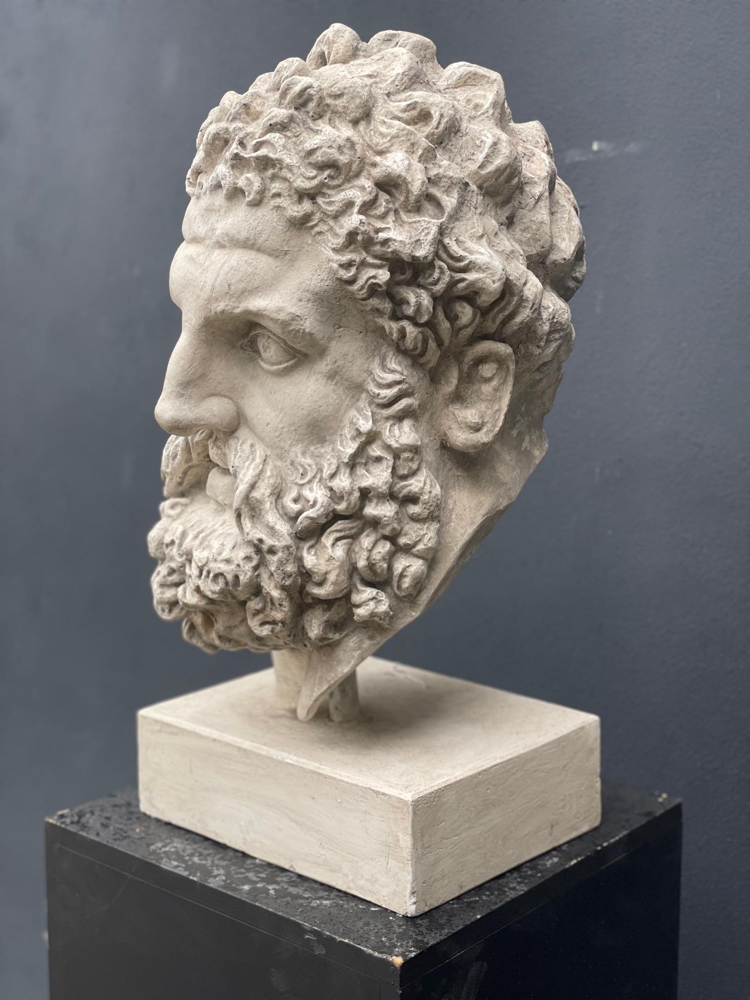 A large plaster Head of Hercules connected to a rectangular base.

This is a nice start for a person looking to build a collection or looking for decorative items for there home / Project.
 