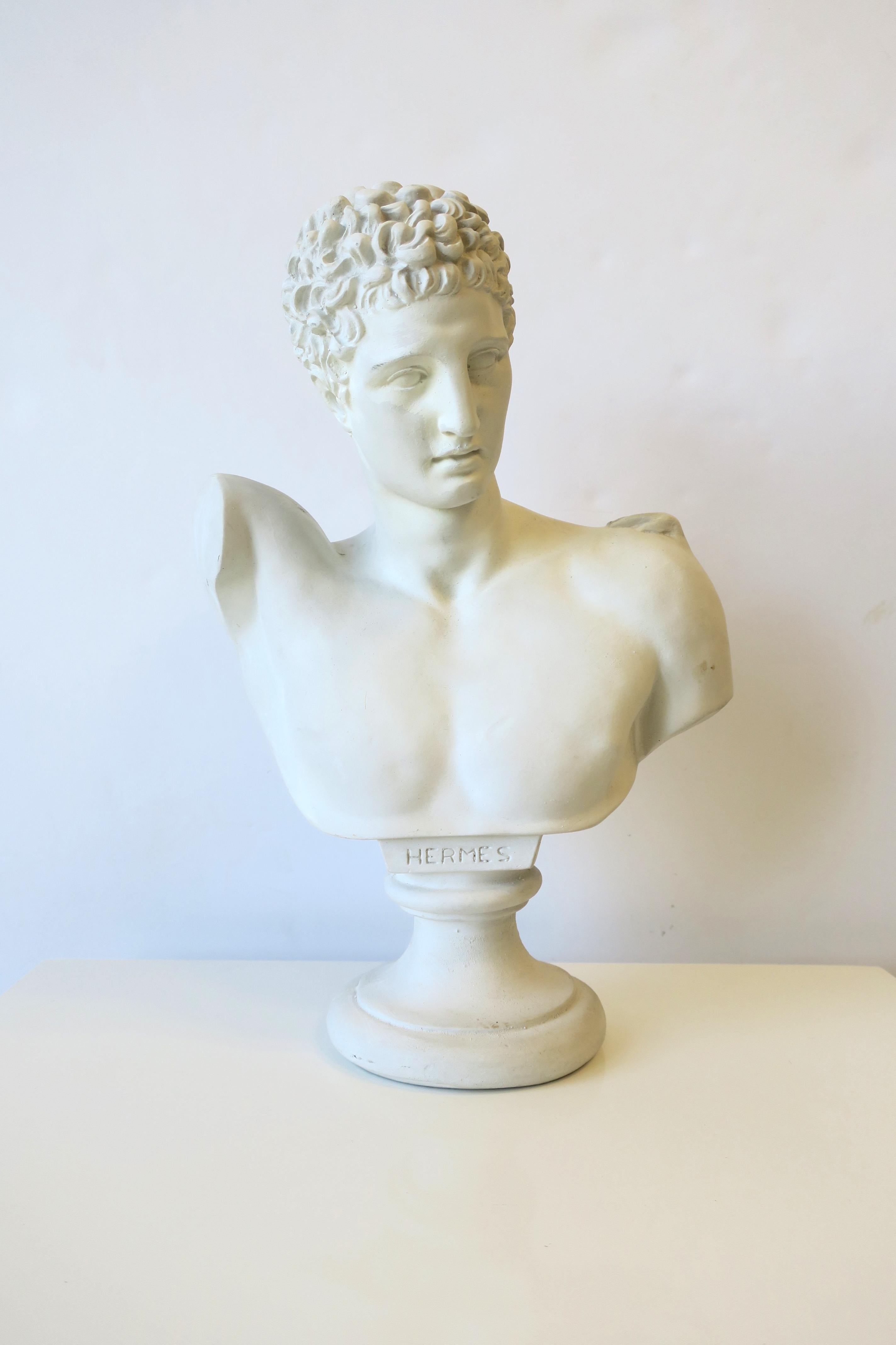 A plaster reproduction bust of ancient Greek sculpture Hermes. A great decorative object as demonstrated. Dimensions: 8.25