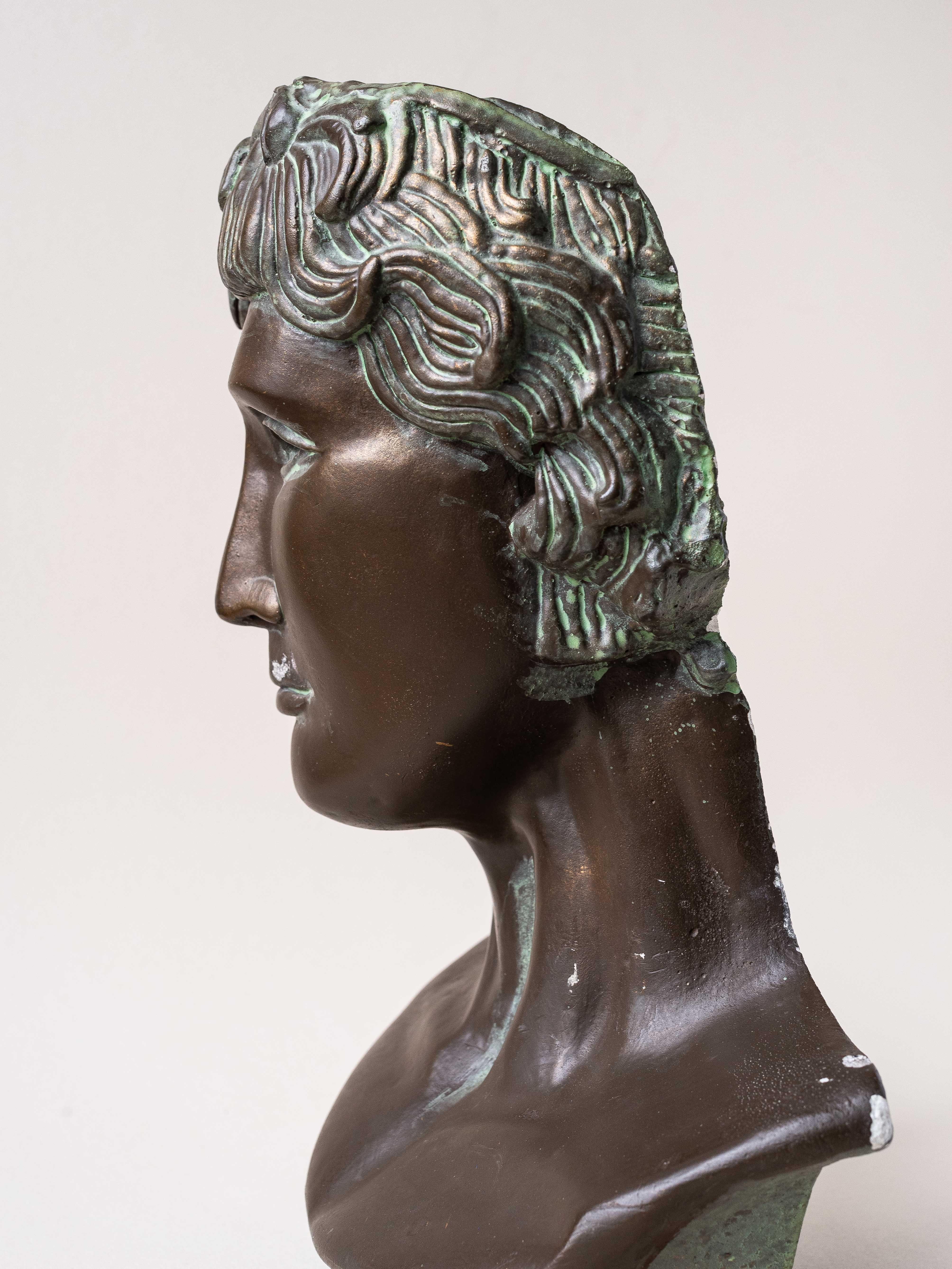 Plaster Bust Patined in Green Bronze, France 1980s 3