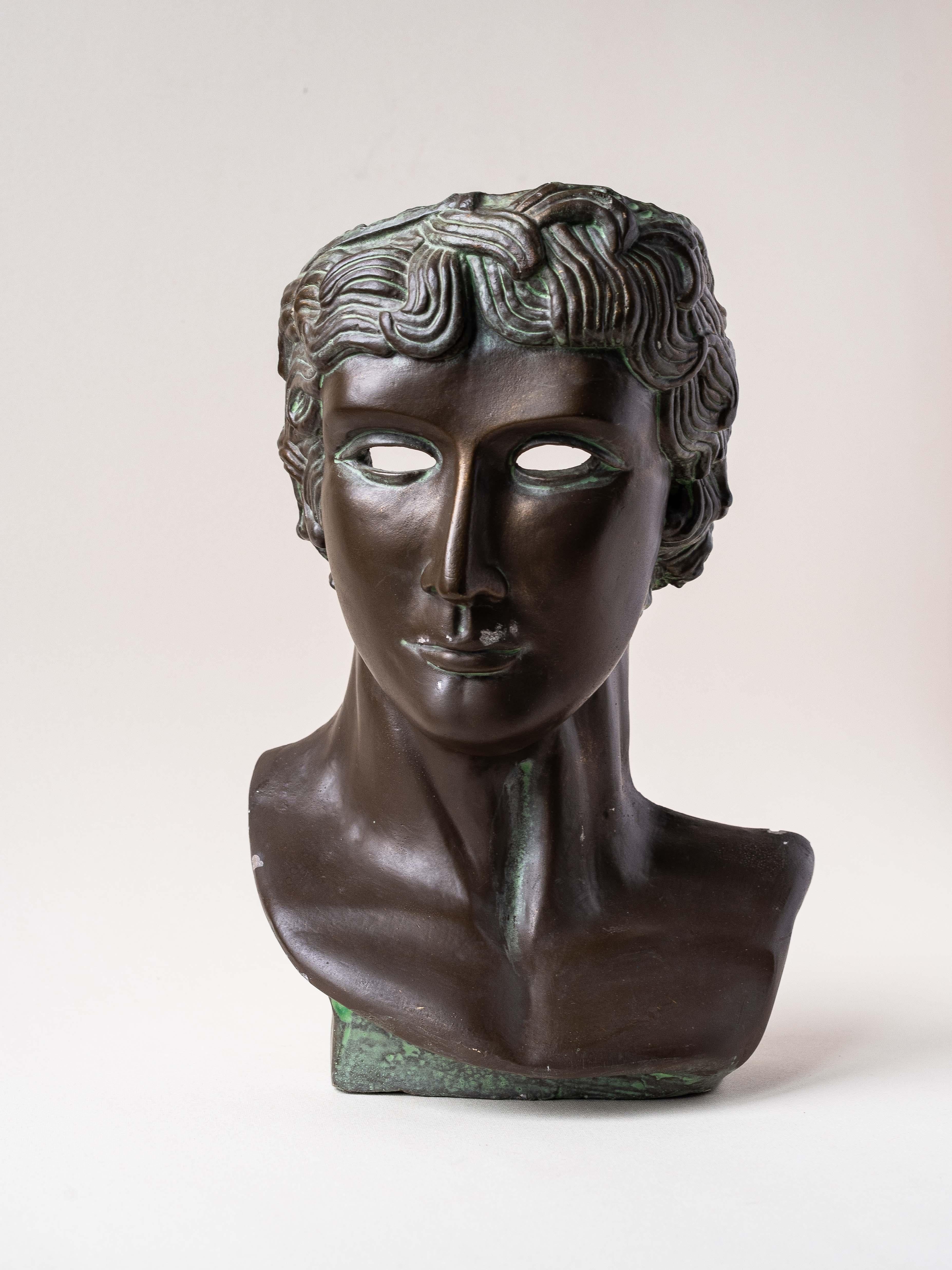 Hellenistic Plaster Bust Patined in Green Bronze, France 1980s