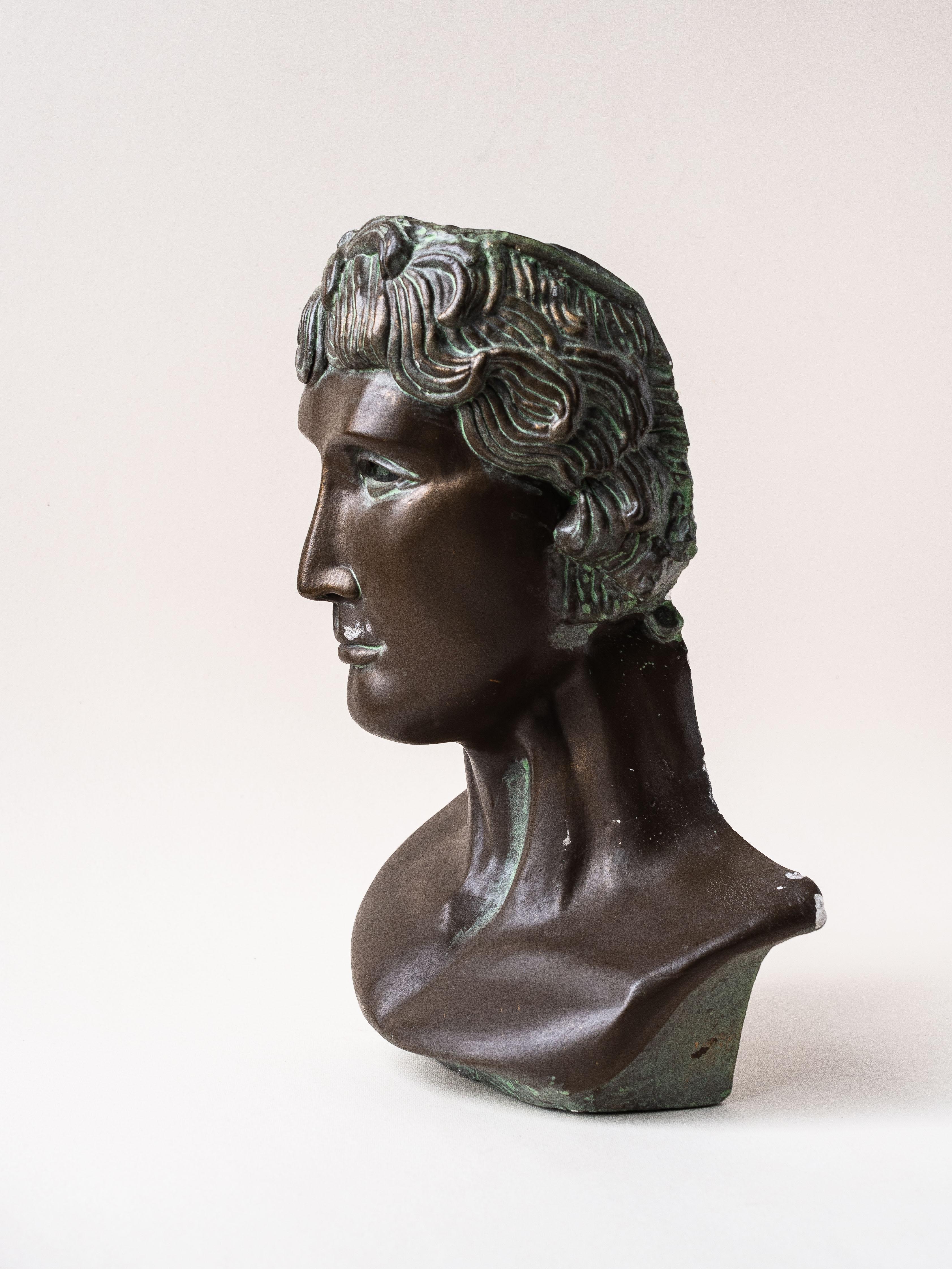 French Plaster Bust Patined in Green Bronze, France 1980s