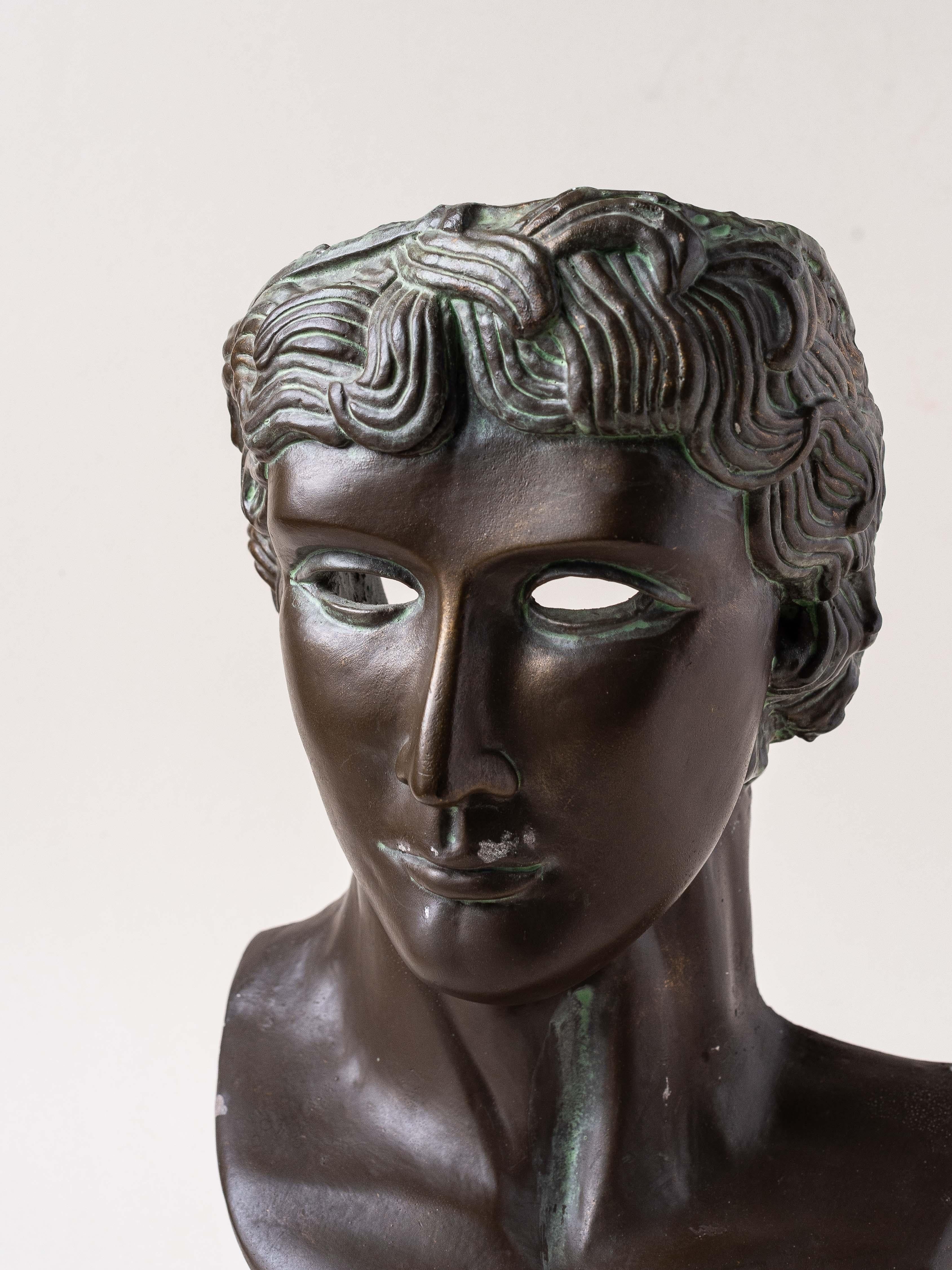 Plaster Bust Patined in Green Bronze, France 1980s In Good Condition In ROUEN, FR