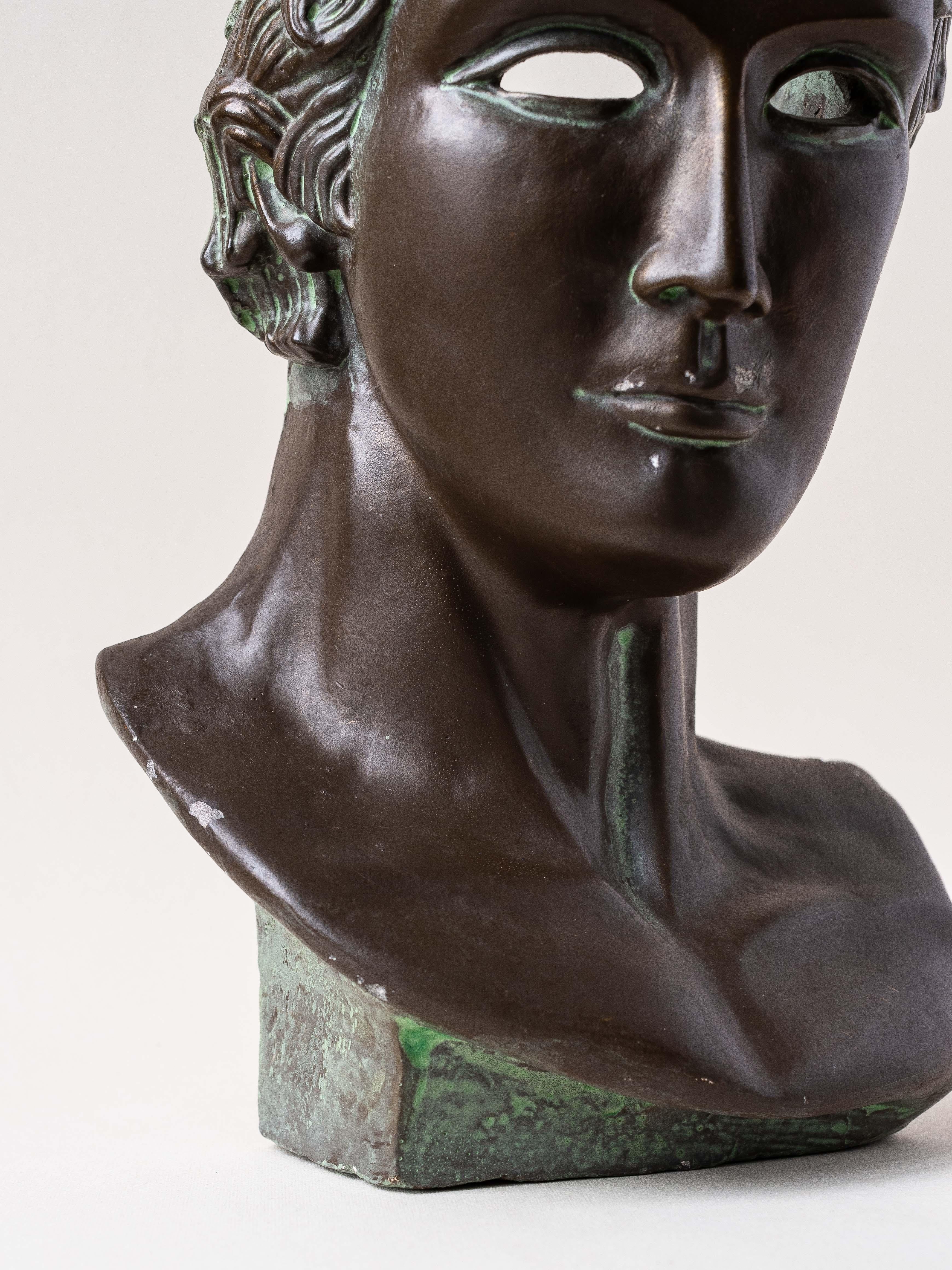 20th Century Plaster Bust Patined in Green Bronze, France 1980s