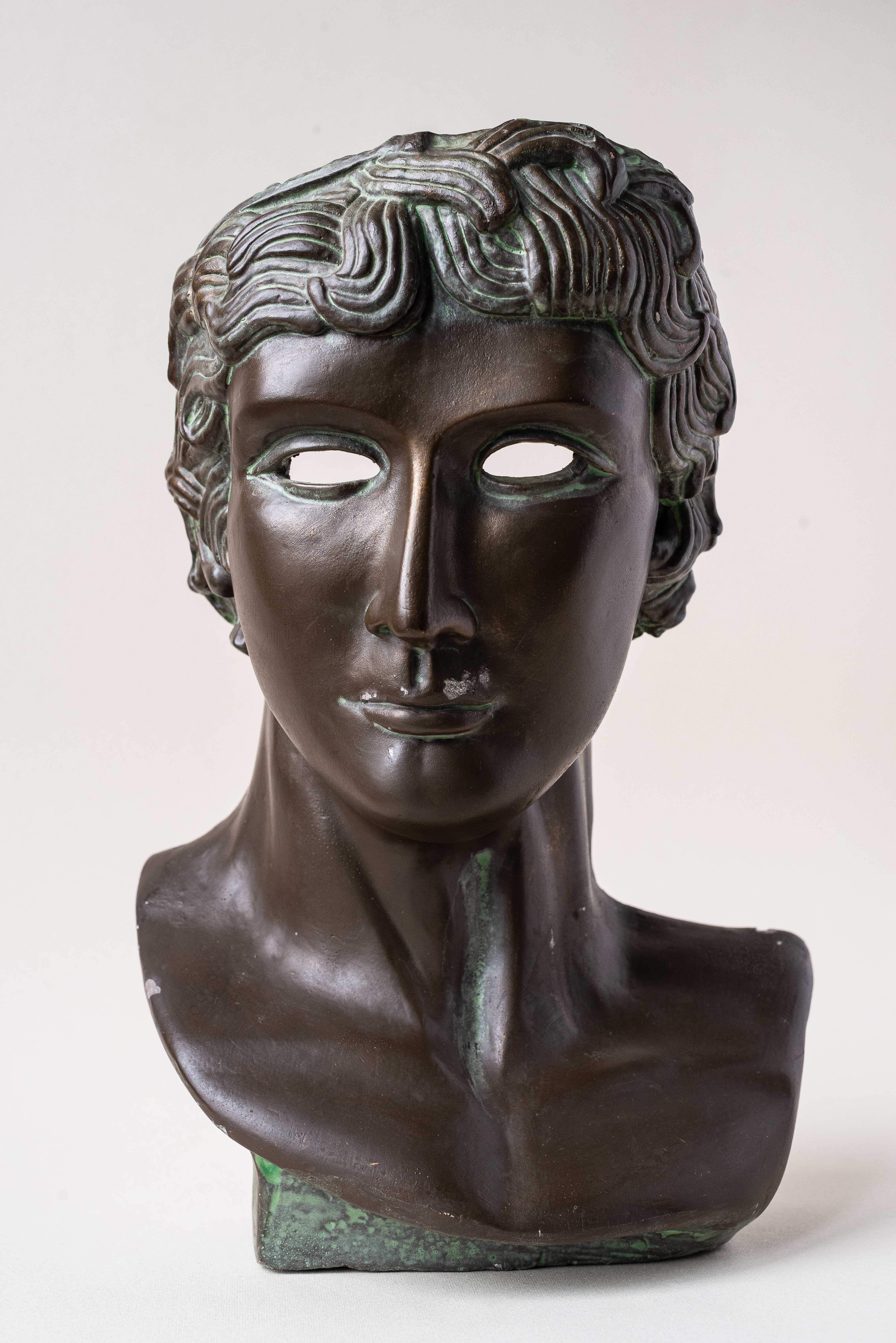 Plaster Bust Patined in Green Bronze, France 1980s 2