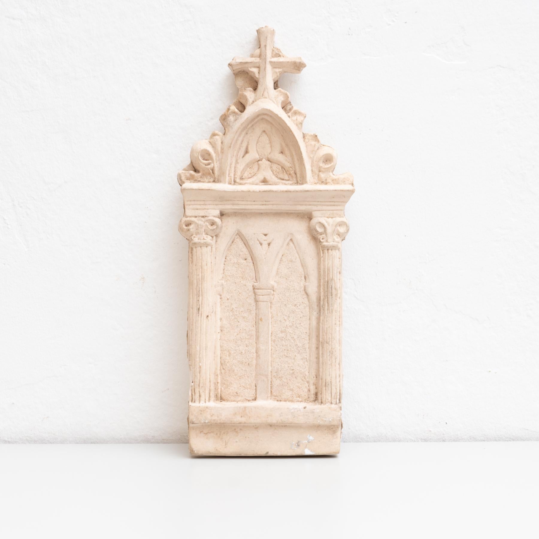 Traditional religious plaster wall artwork of a church.

Made in traditional Catalan atelier in Olot, Spain, circa 1950.

In original condition, with minor wear consistent with age and use, preserving a beautiful