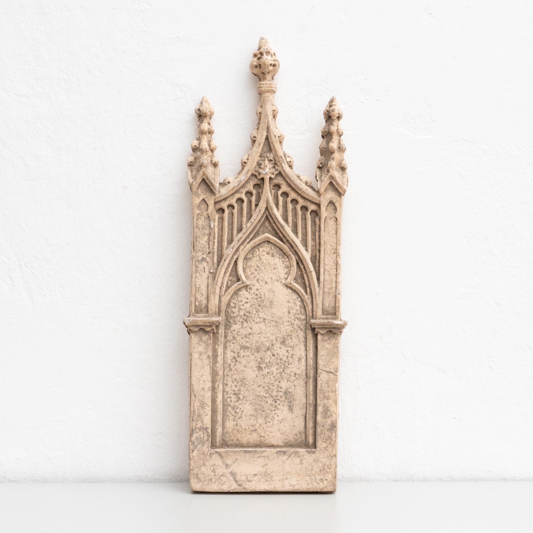 Traditional religious plaster wall artwork of a church.

Made in traditional Catalan atelier in Olot, Spain, circa 1950.

In original condition, with minor wear consistent with age and use, preserving a beautiful