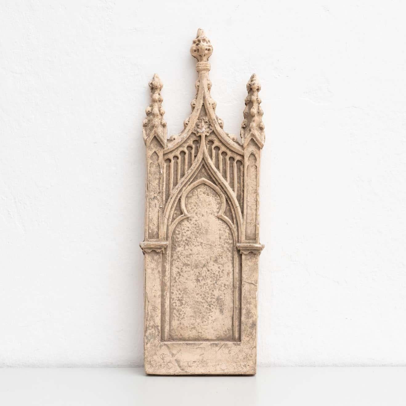 Traditional religious plaster wall artwork of a church.

Made in traditional Catalan atelier in Olot, Spain, circa 1950.

In original condition, with minor wear consistent with age and use, preserving a beautiful