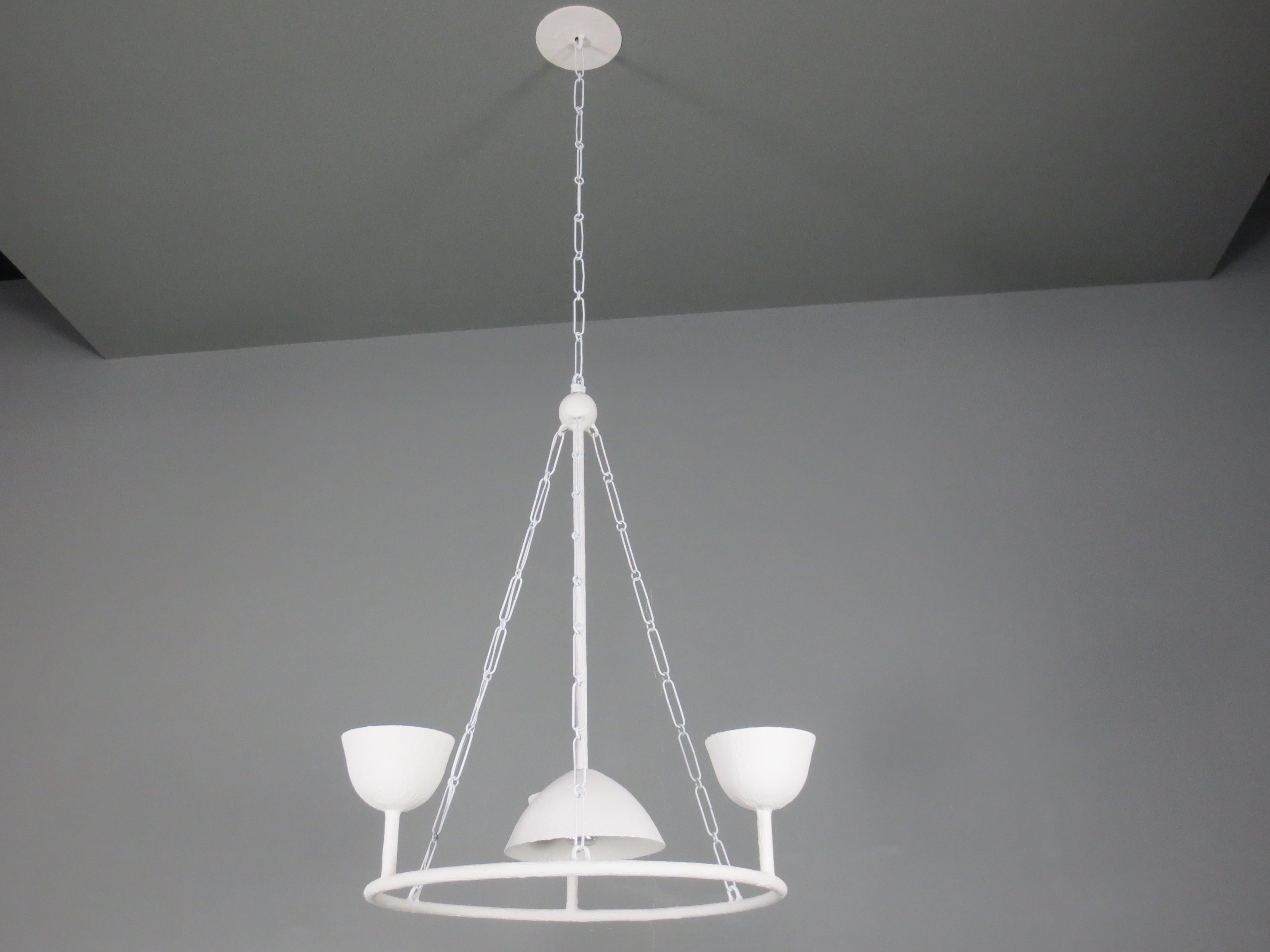Circle of 4 cups plaster and steel chandelier with a white enamel finish. May include ball, ceiling CAP along with matching chain. These chandeliers are custom, made-to-order. This design can be modified to any specific shape and size and they can