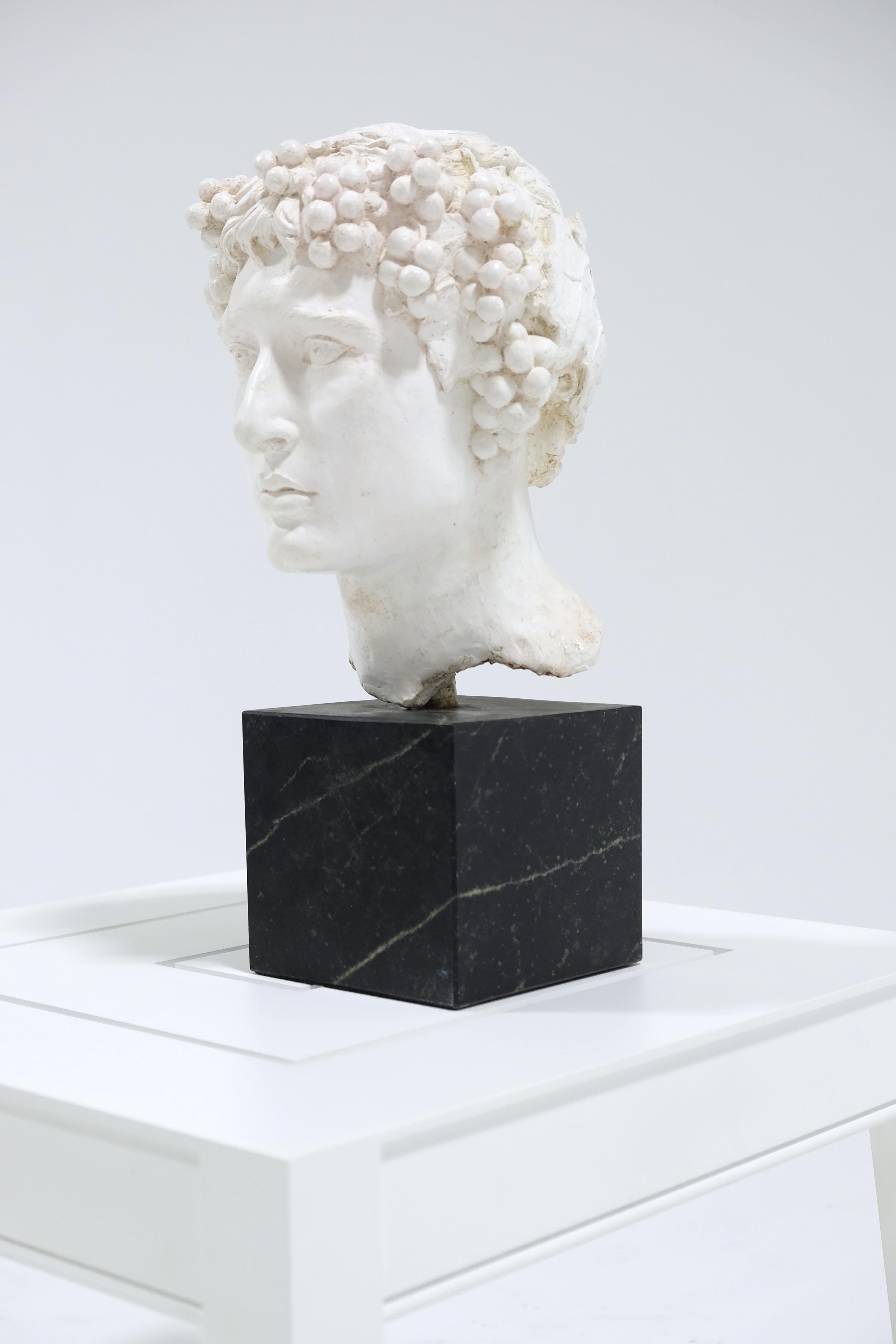 Dionysus plaster sculpture mounted on a Virginia Soapstone base. Cast by Steven Strumlauf. Dionysus, also called Bacchus in the Roman world, was a nature god of fruitfulness and vegetation, especially known as a god of wine and ecstasy.
  
 
