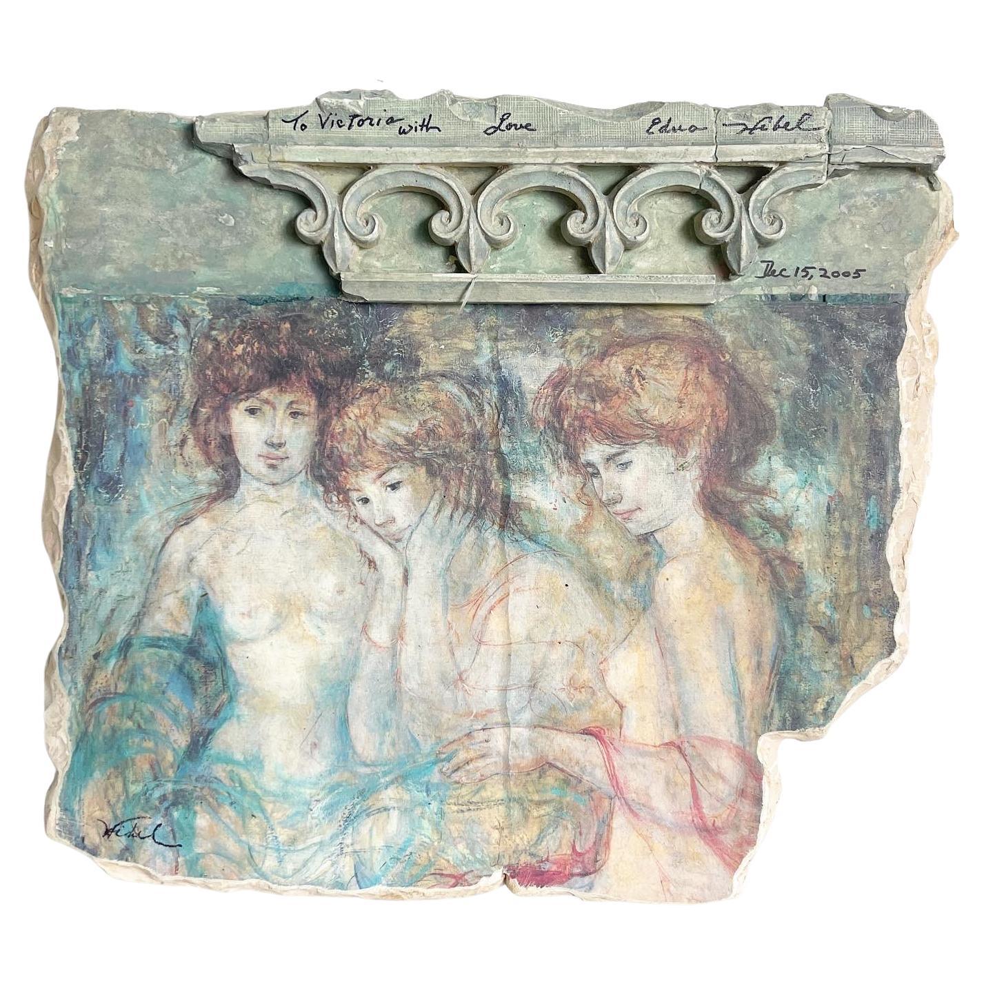 Plaster Faux Stone Painting of Three Nude Women by Edna Hibel