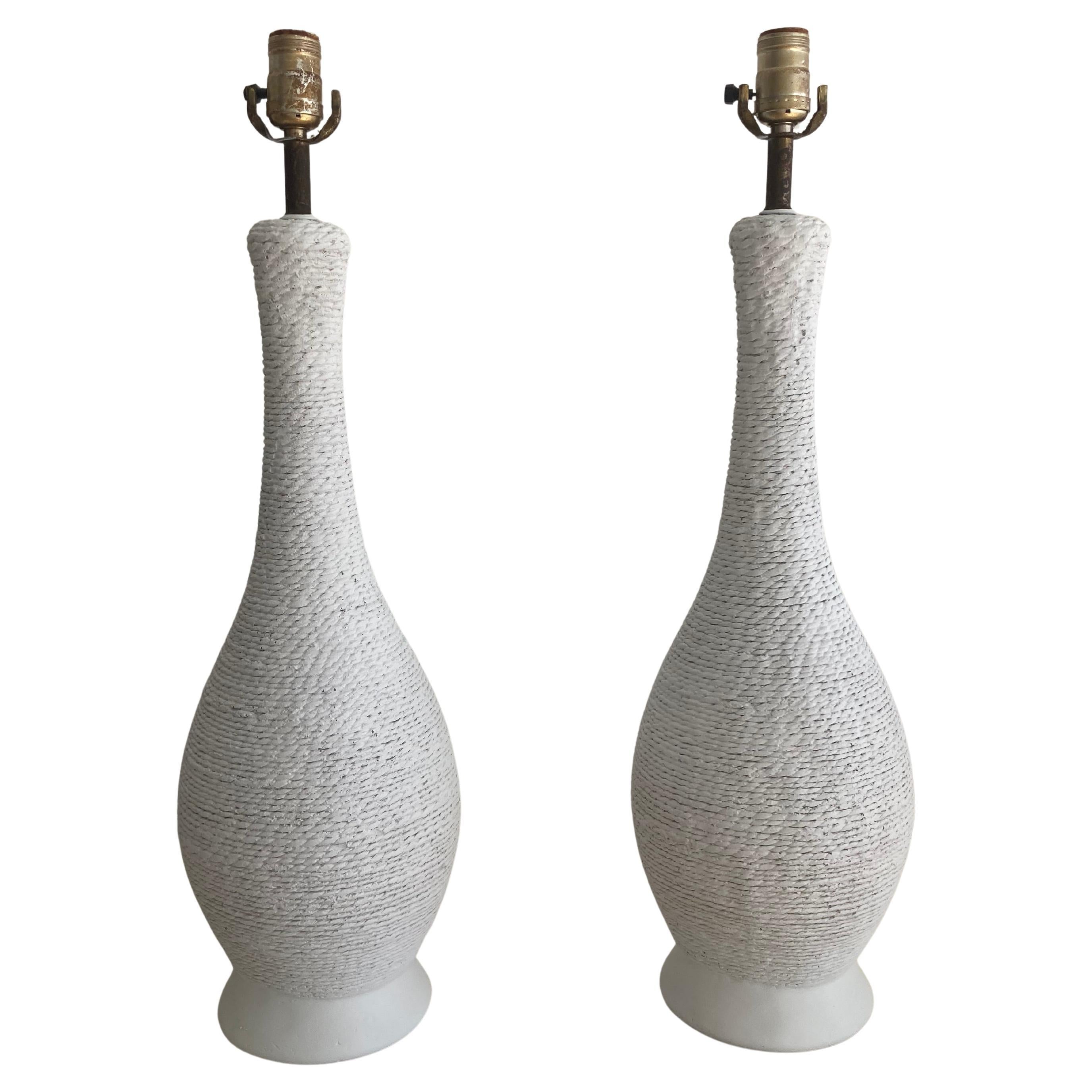 Plaster Faux Wicker Table Lamps in the Style of Serge Roche - a Pair