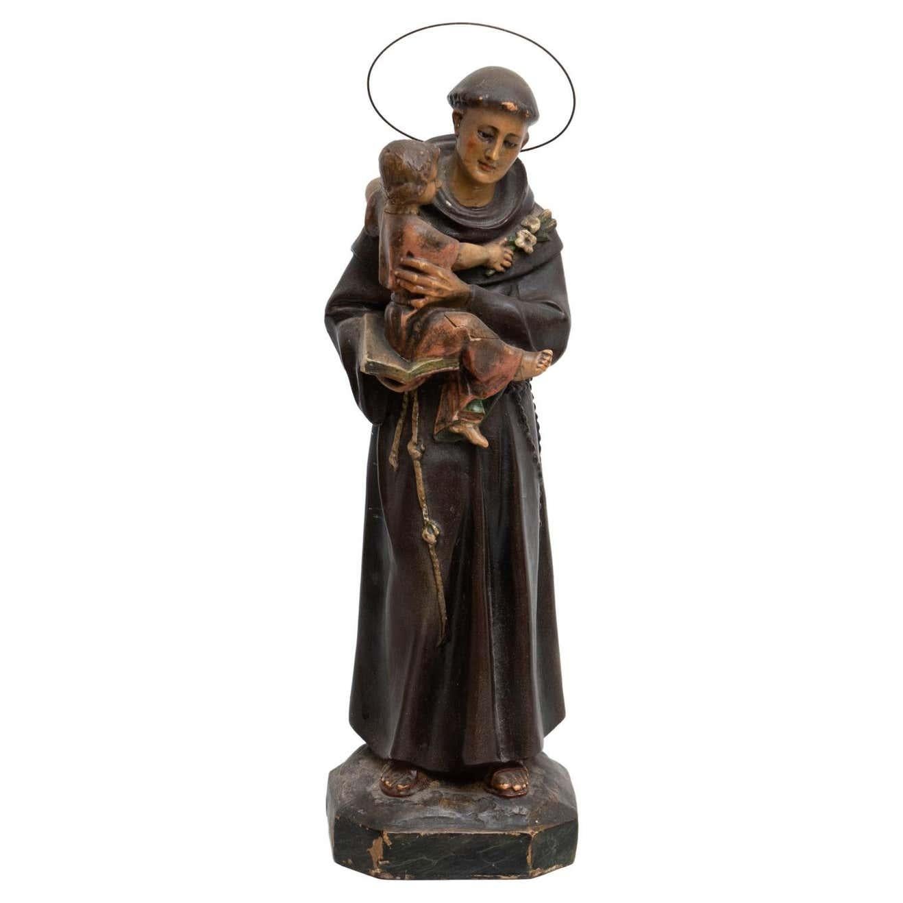 Traditional religious hand painted plaster figure of a Saint.

Made in traditional Catalan atelier in Olot, Spain, circa 1930.

In original condition, with minor wear consistent with age and use, preserving a beautiful