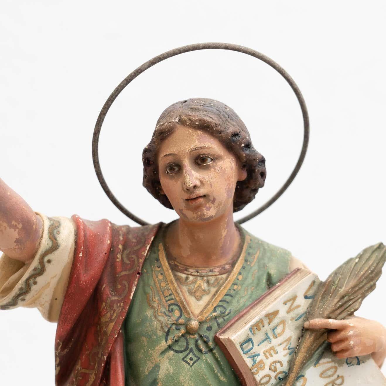 Spanish Plaster Hand Painted Traditional Figure of a Saint, circa 1940 For Sale
