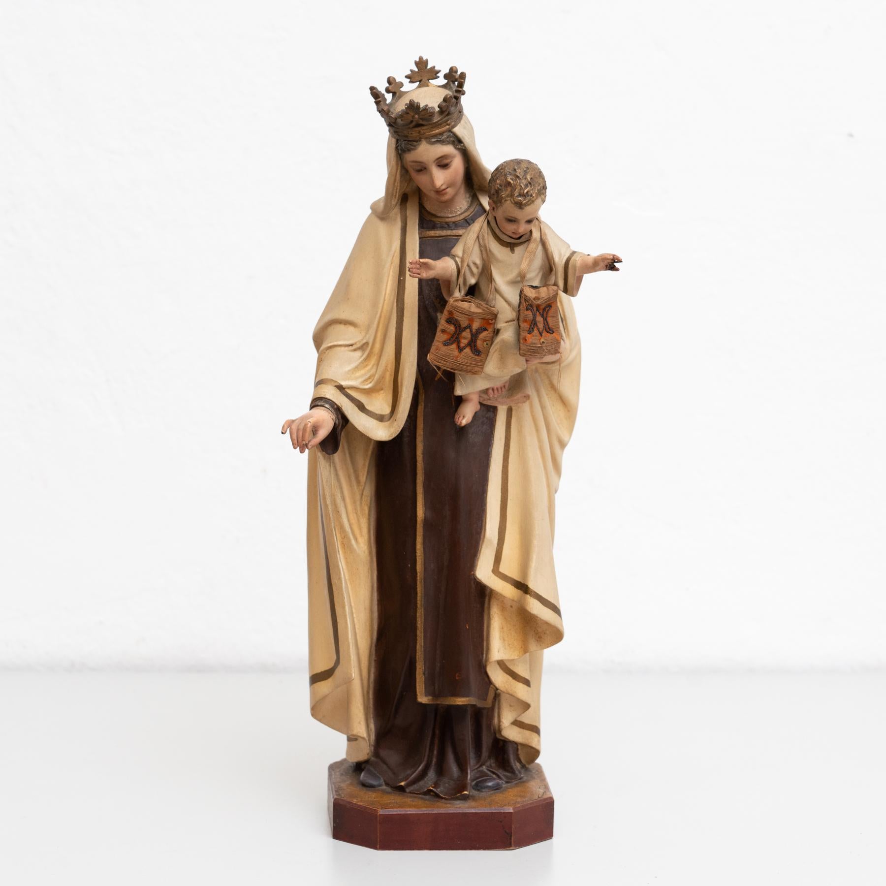 Traditional religious hand painted plaster figure of a virgin.

Signed.

Made in traditional Catalan atelier in Olot, Spain, circa 1940.

In original condition, with minor wear consistent with age and use, preserving a beautiful