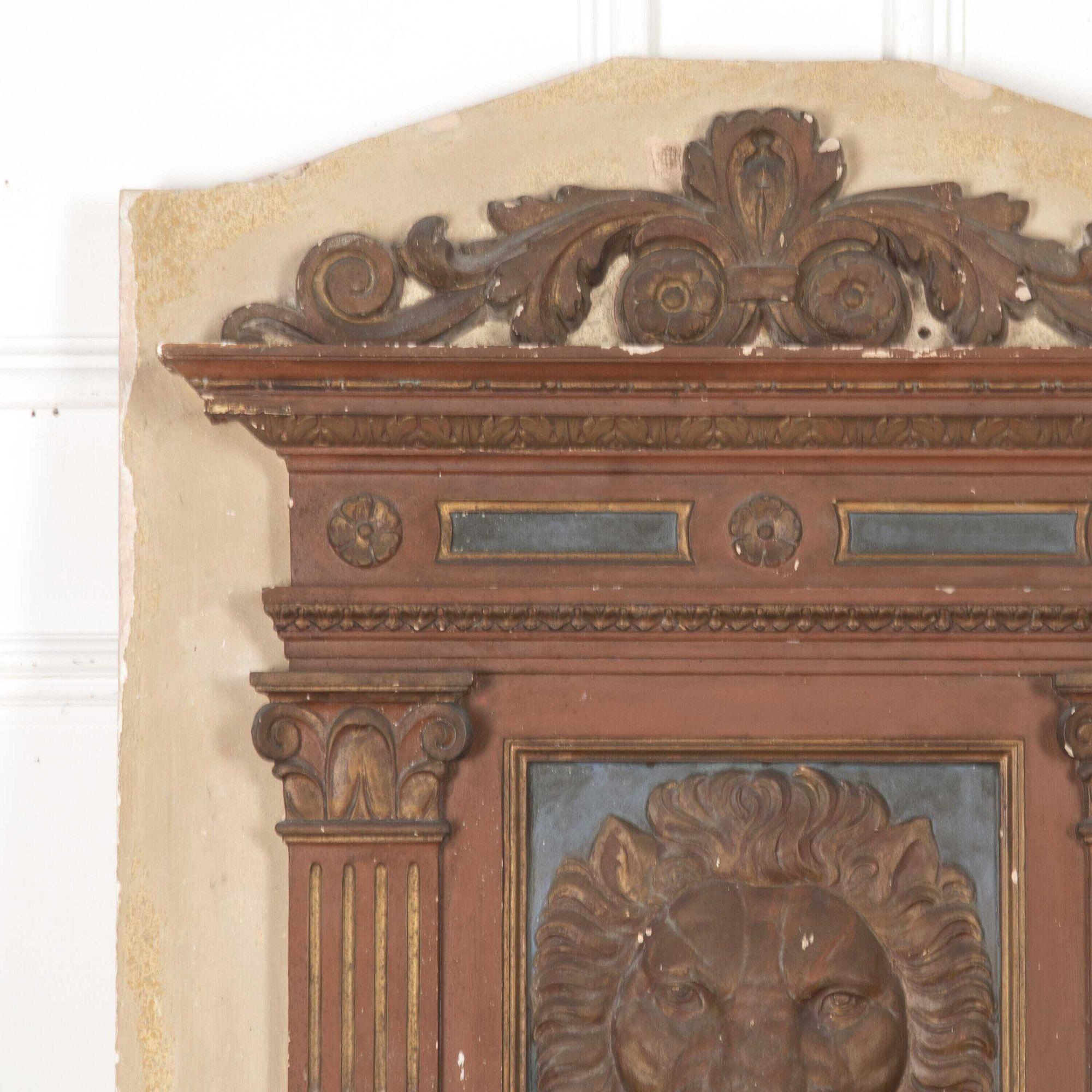 Superb Italian wall fountain. 
Featuring lion head decoration and its original paintwork, this fountain is extremely eye-catching. It has its original copper reservoir and copper fittings to the rear. This piece would have originally been mounted