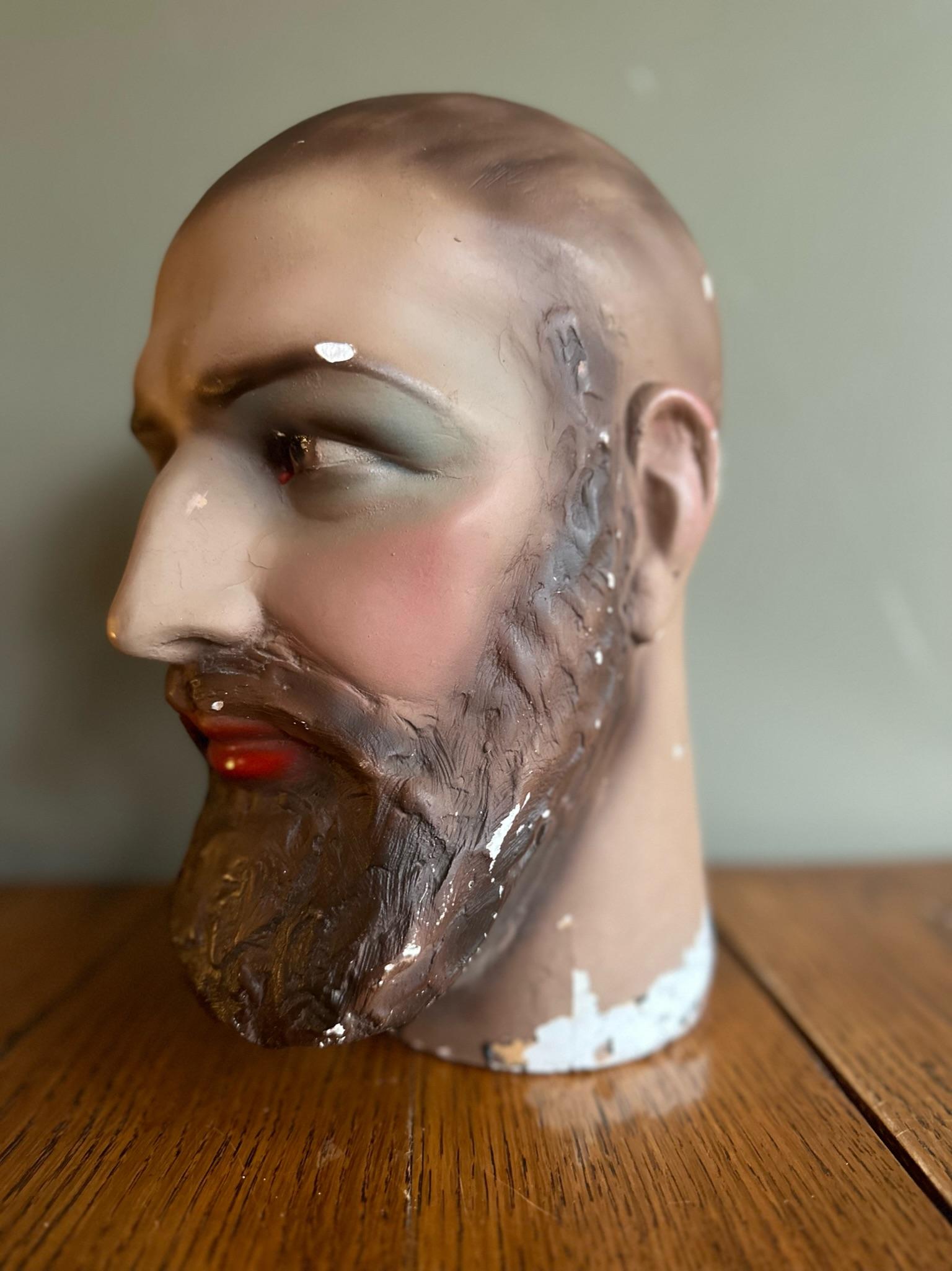 French Plaster Male Mannequin Head with Beard For Sale
