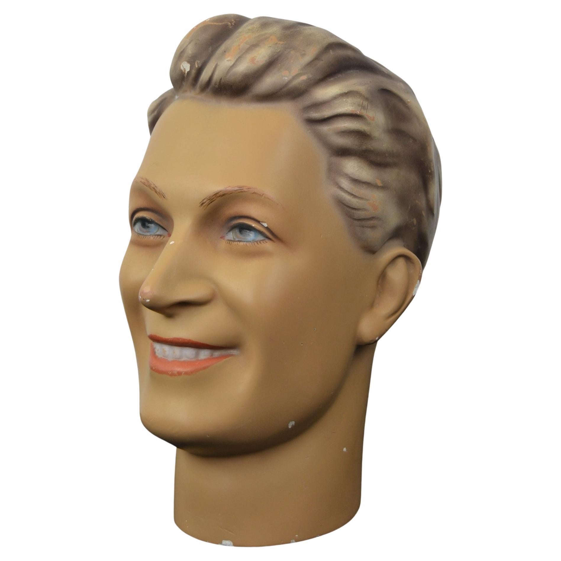 Plaster Male Mannequin Head with Blue Eyes For Sale