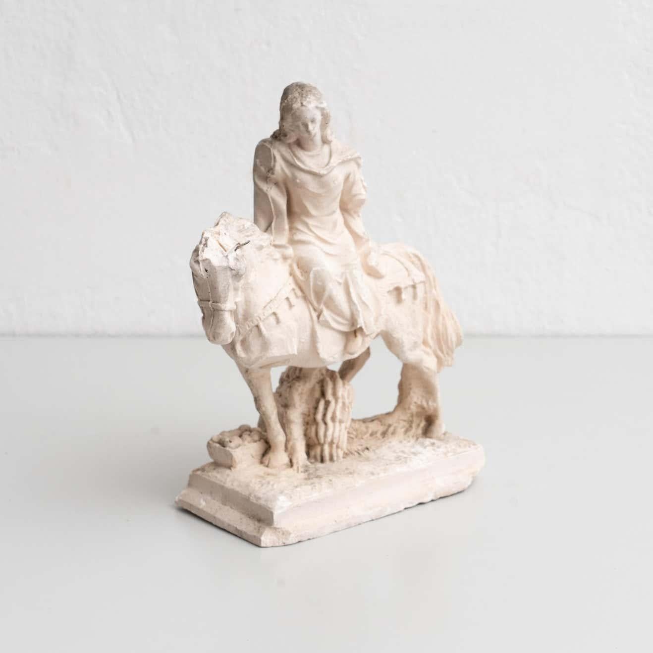 Traditional religious plaster figure of a horse rider.    Made in traditional Catalan atelier in Olot, Spain, circa 1950.    In original condition, with minor wear consistent with age and use, preserving a beautiful patina.    Materials:  Plaster. 