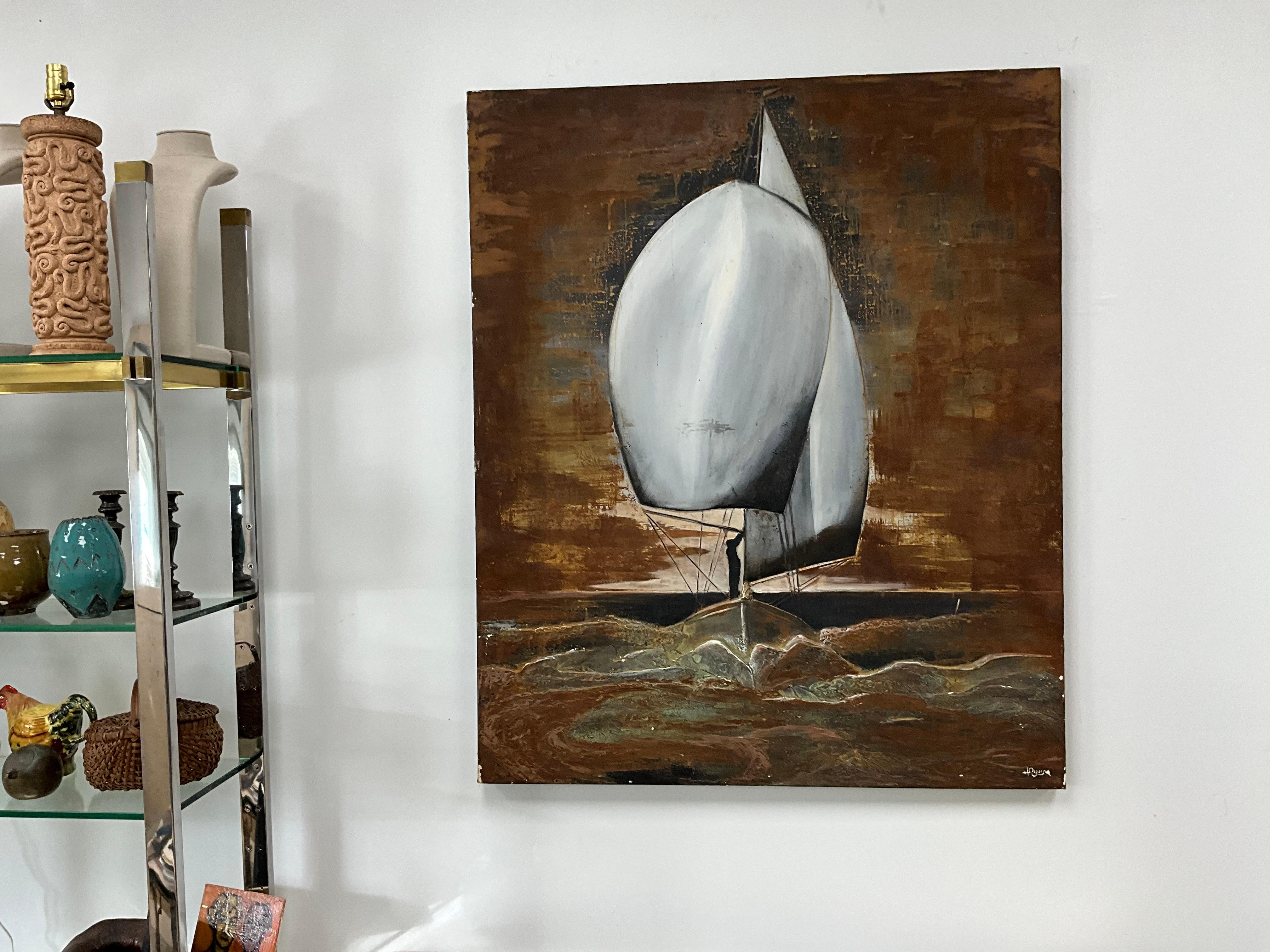 Plaster Over Wood Relief Painting of Sailboat Scene

 Discover the artistry of this plaster over wood relief painting, depicting a serene scene of a person on a sailboat. Rendered in organic tones of brown, black, green, and gray, this piece