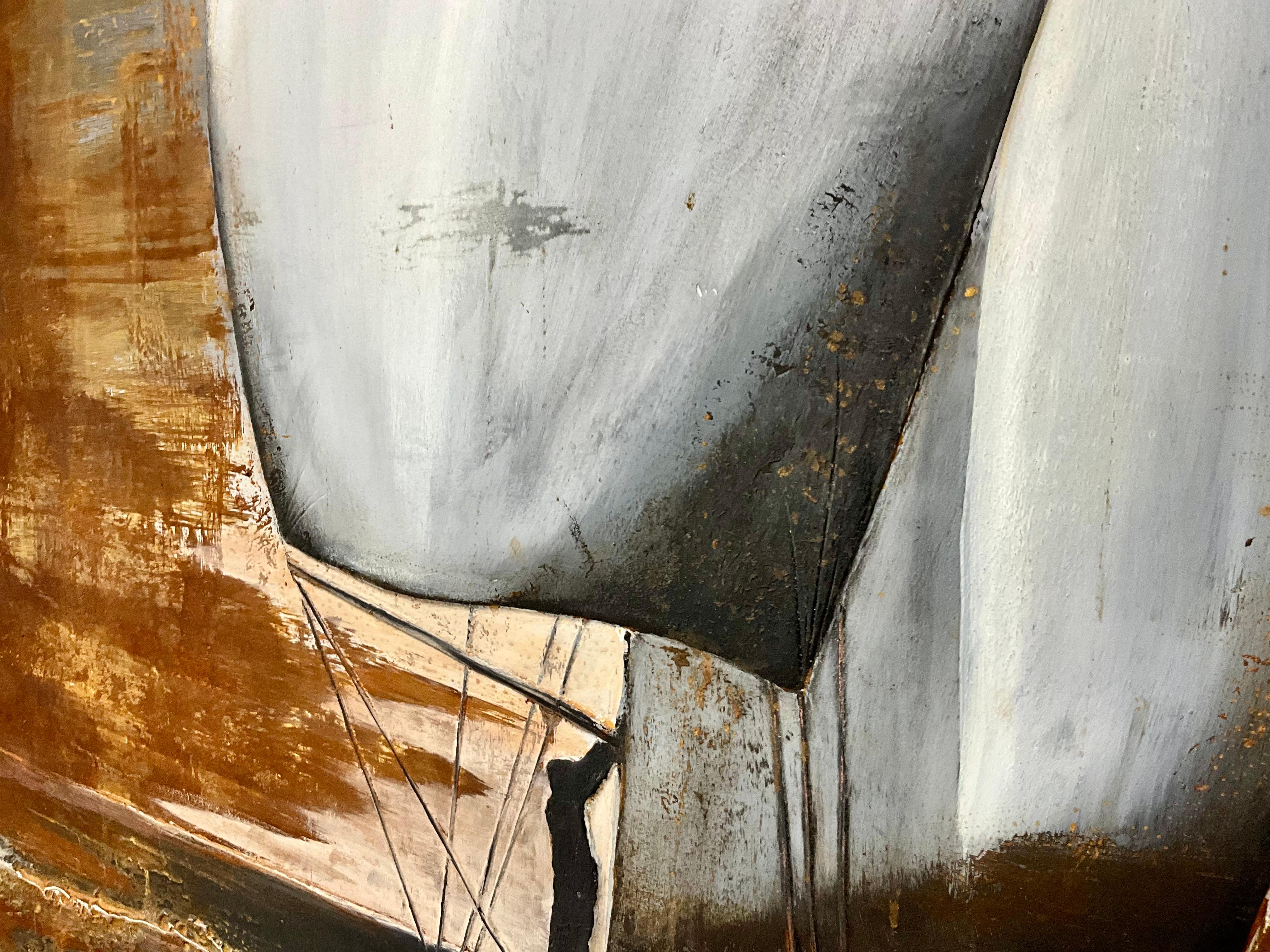 Hand-Crafted Plaster Over Wood Relief Painting of Sailboat Scene For Sale