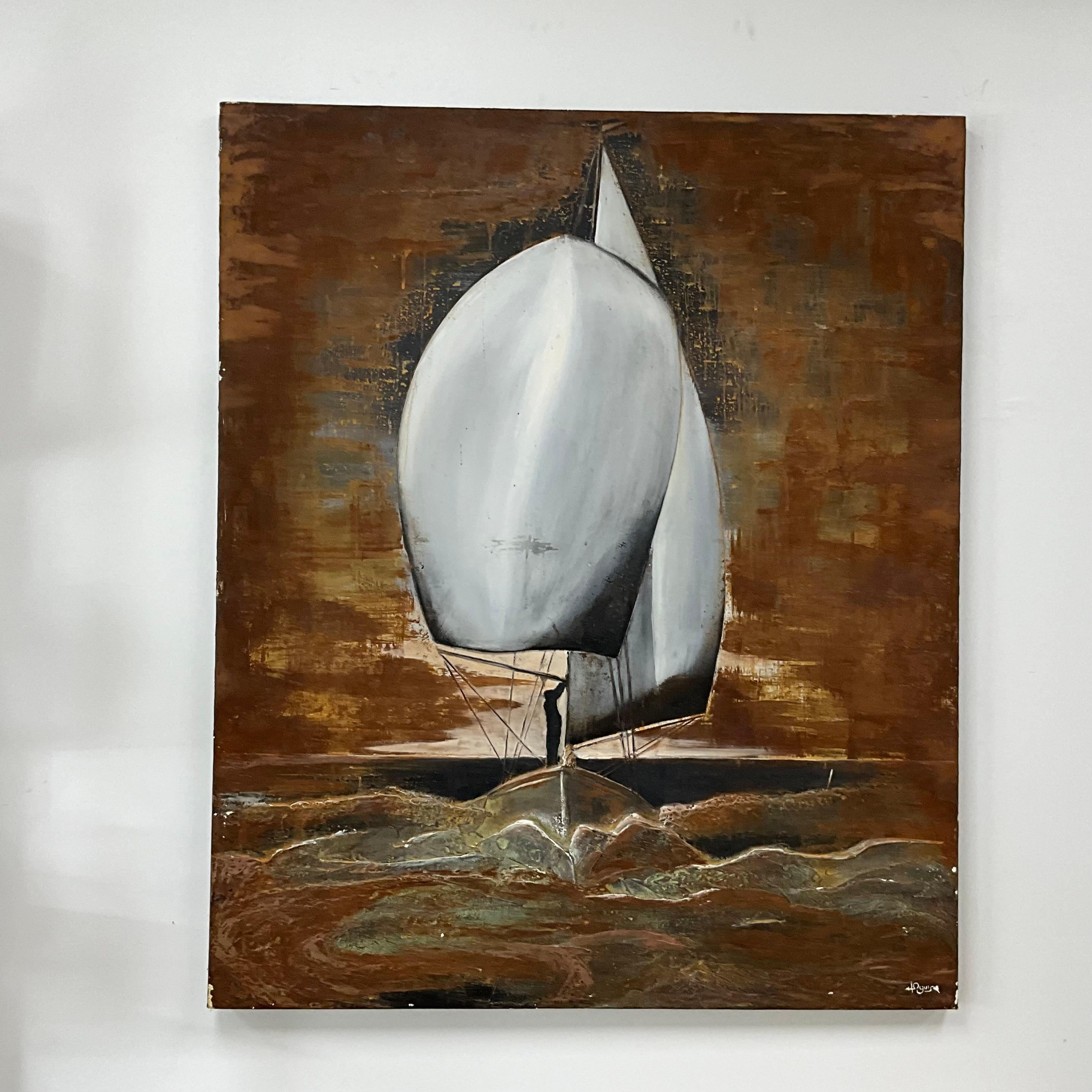 Plaster Over Wood Relief Painting of Sailboat Scene In Good Condition For Sale In West Palm Beach, US