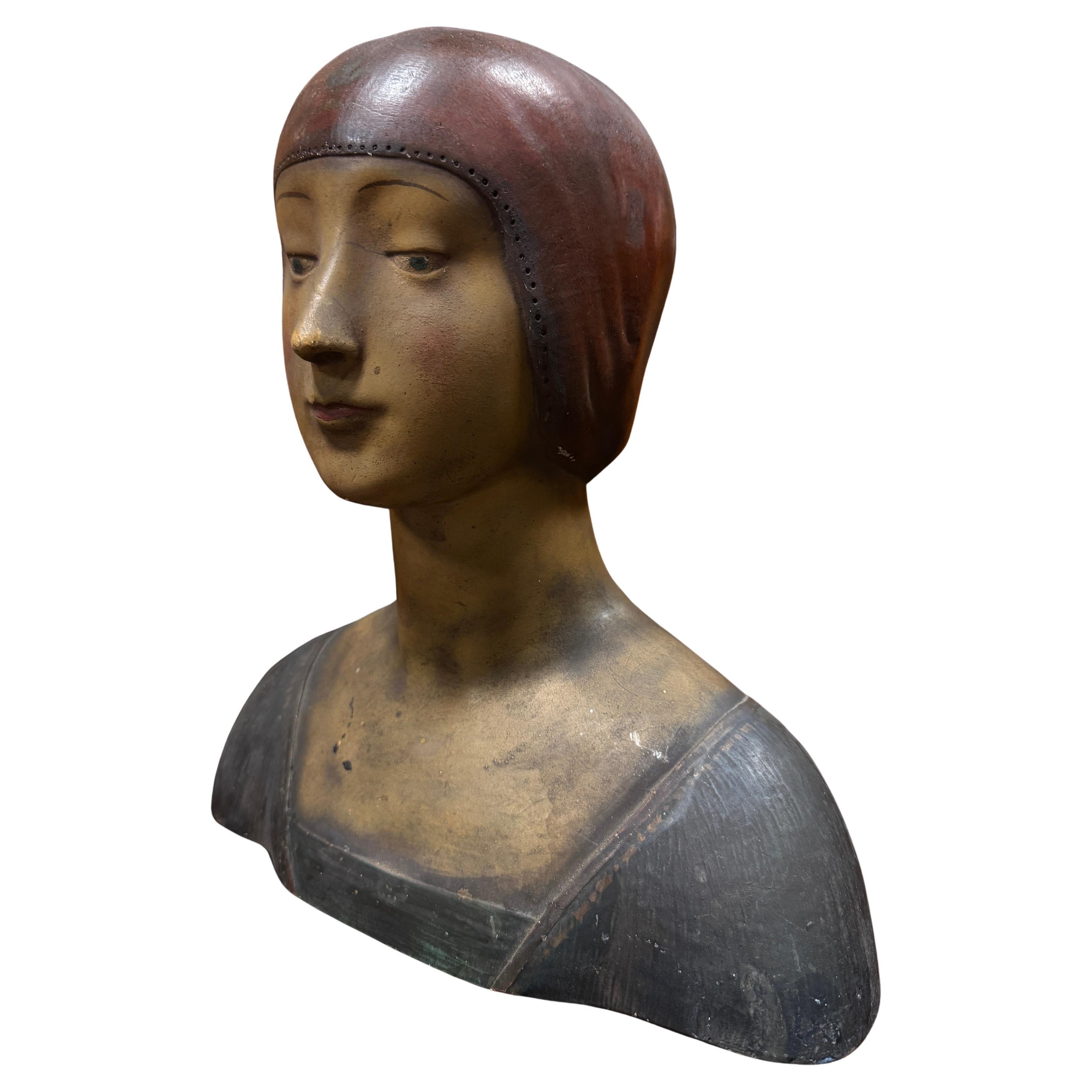 Renaissance Revival Plaster Polychrome Display Sculpture Bust Enchanting Woman For Sale