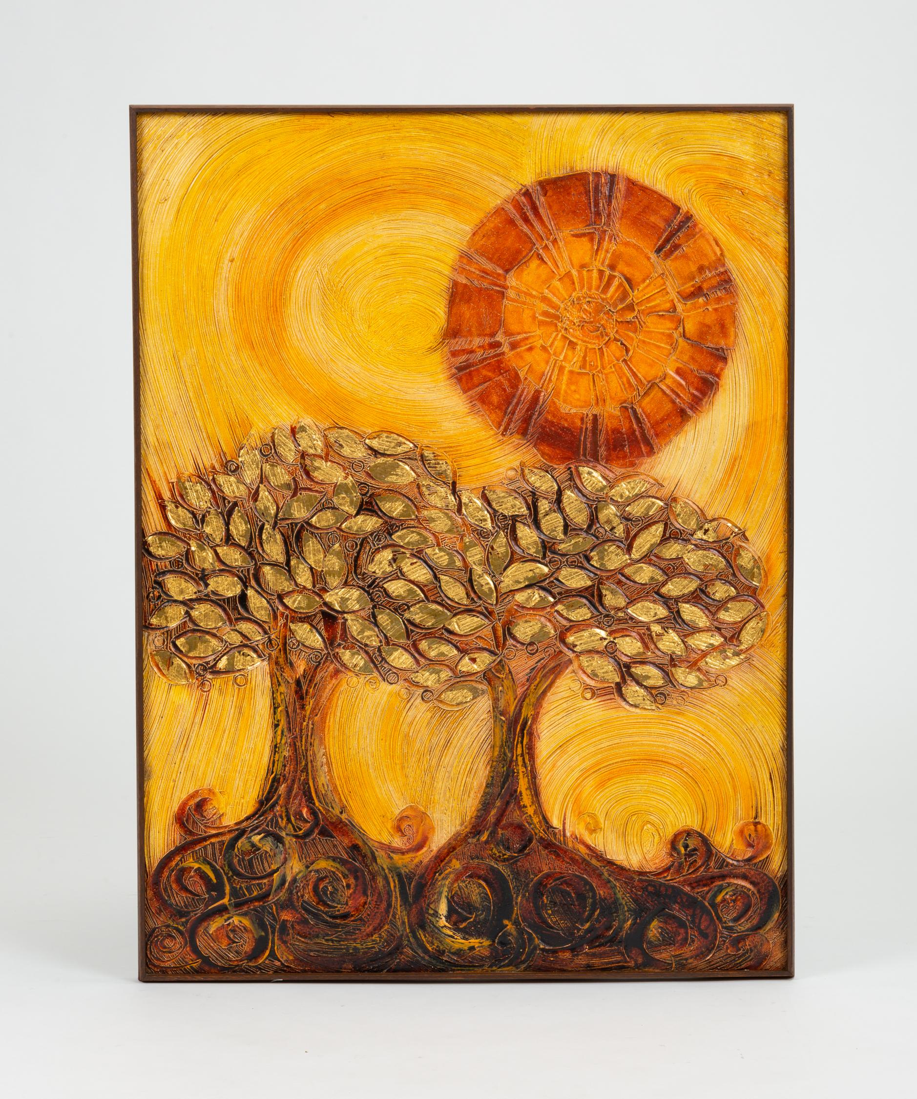 A large scale pastoral scene rendered in plaster relief, with paint and gold leaf applied, depicting two trees with curling roots in the foreground with an abstractly geometric sun shining above. The materiality of the plaster lends a sense of