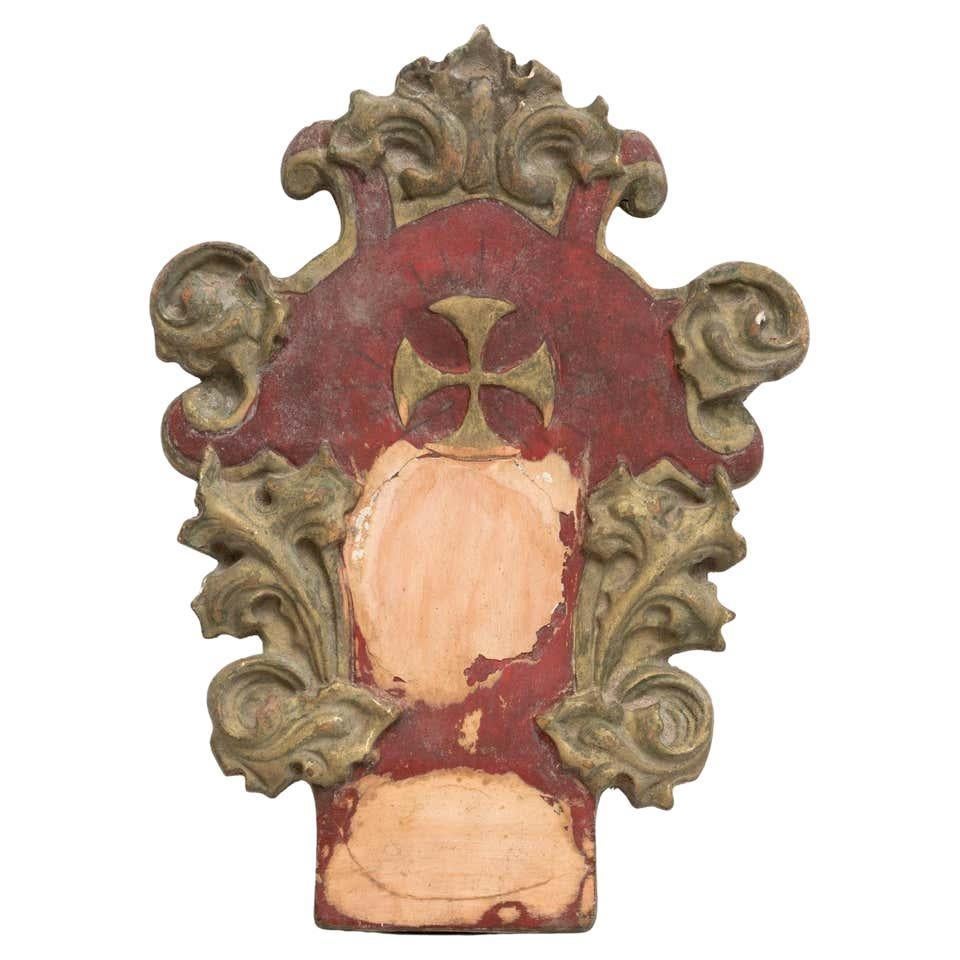 Traditional religious handpainted plaster wall artwork.  Made in traditional Catalan atelier in Olot, Spain, circa 1950.  In original condition, with minor wear consistent with age and use, preserving a beautiful patina.  Materials: Plaster.  