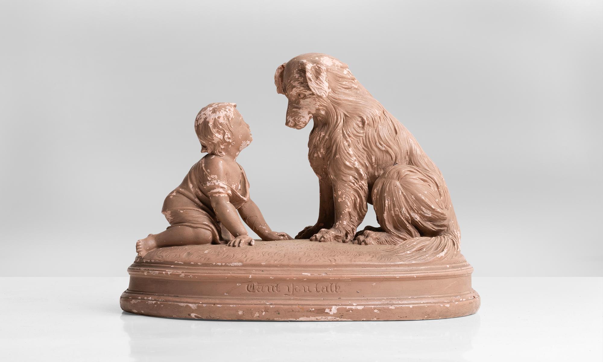 Wonderful chalkware sculpture of boy with dog, American, 20th century 

Moulded plaster of Paris with original period paint, signed R.J. Morris.

Base is inscribed with the question: 