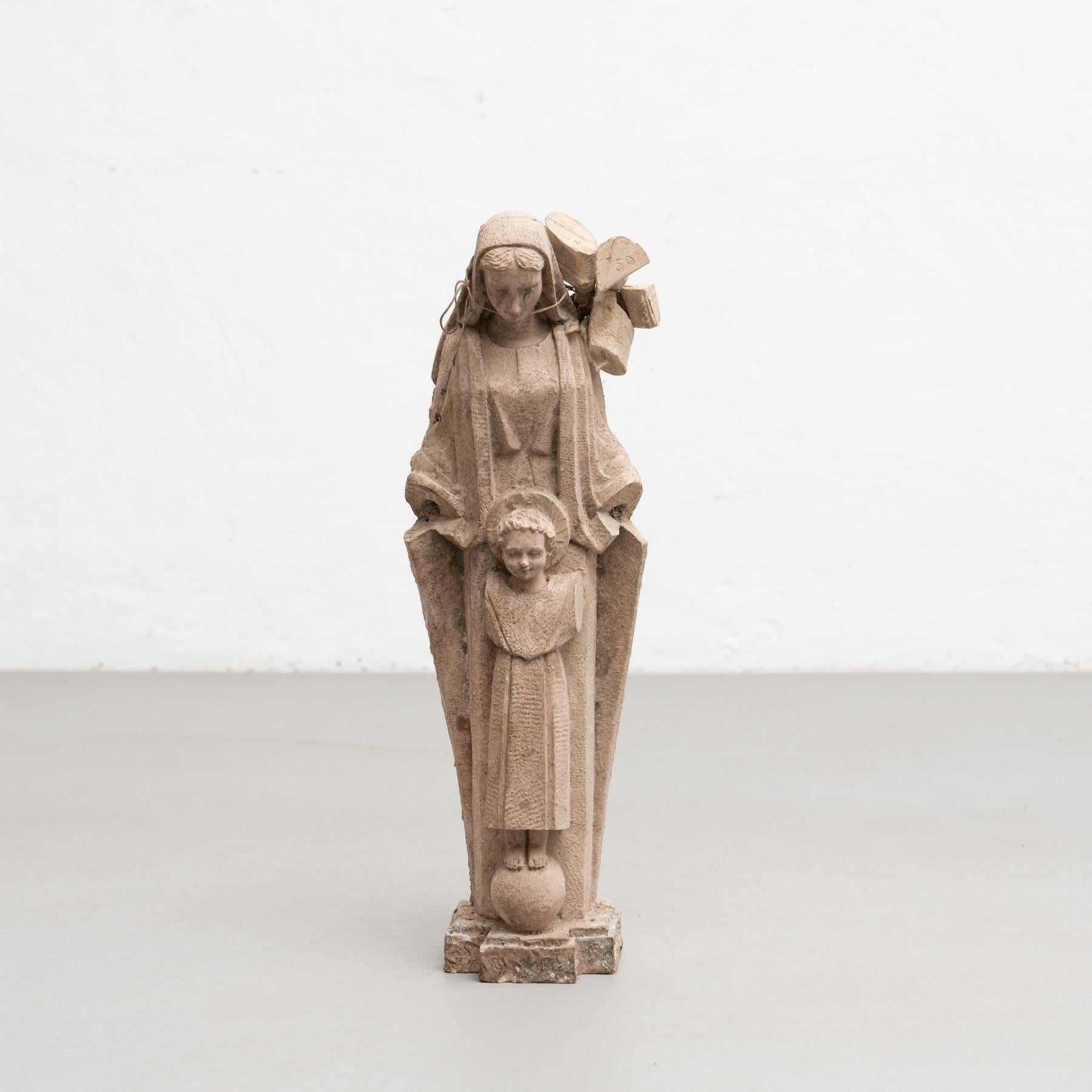 Traditional religious plaster figure of a virgin.    Made in traditional Catalan atelier in Olot, Spain, circa 1950.    In original condition, with minor wear consistent with age and use, preserving a beautiful patina.    Olot has a long tradition