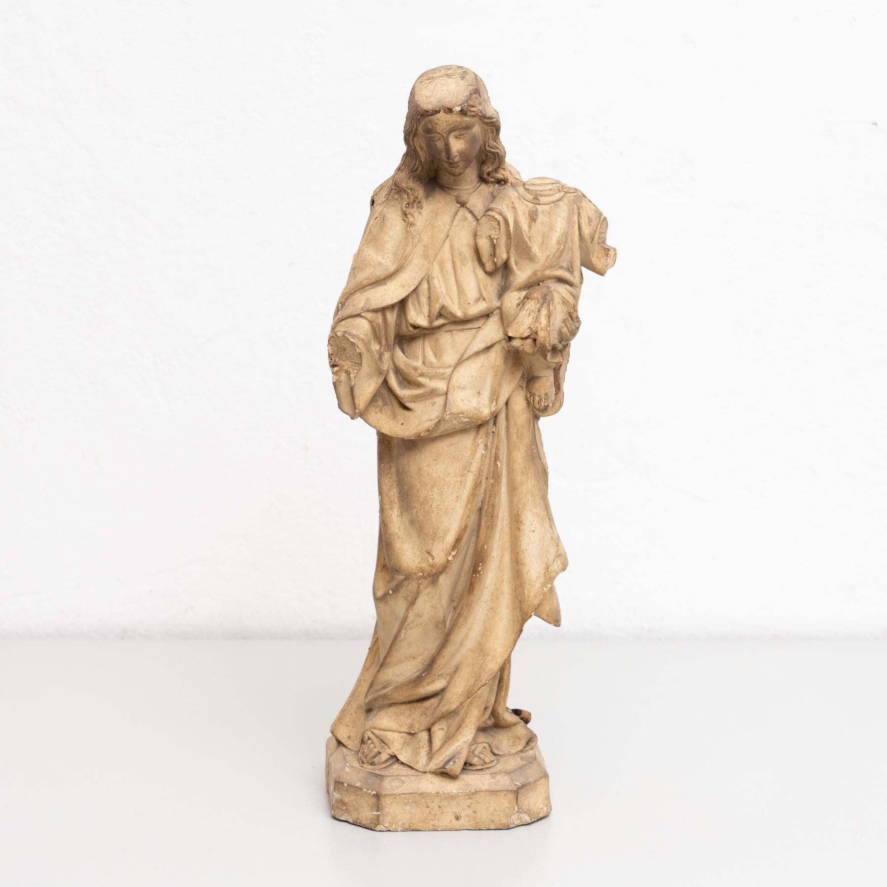 Traditional religious plaster figure of a virgin.    Made in traditional Catalan atelier in Olot, Spain, circa 1950.    In original condition, with minor wear consistent with age and use, preserving a beautiful patina.    Materials:  Plaster.   