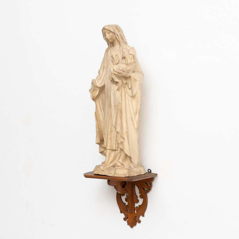 Modern Plaster Virgin Traditional Figure in a Wooden Altar, circa 1940 For Sale