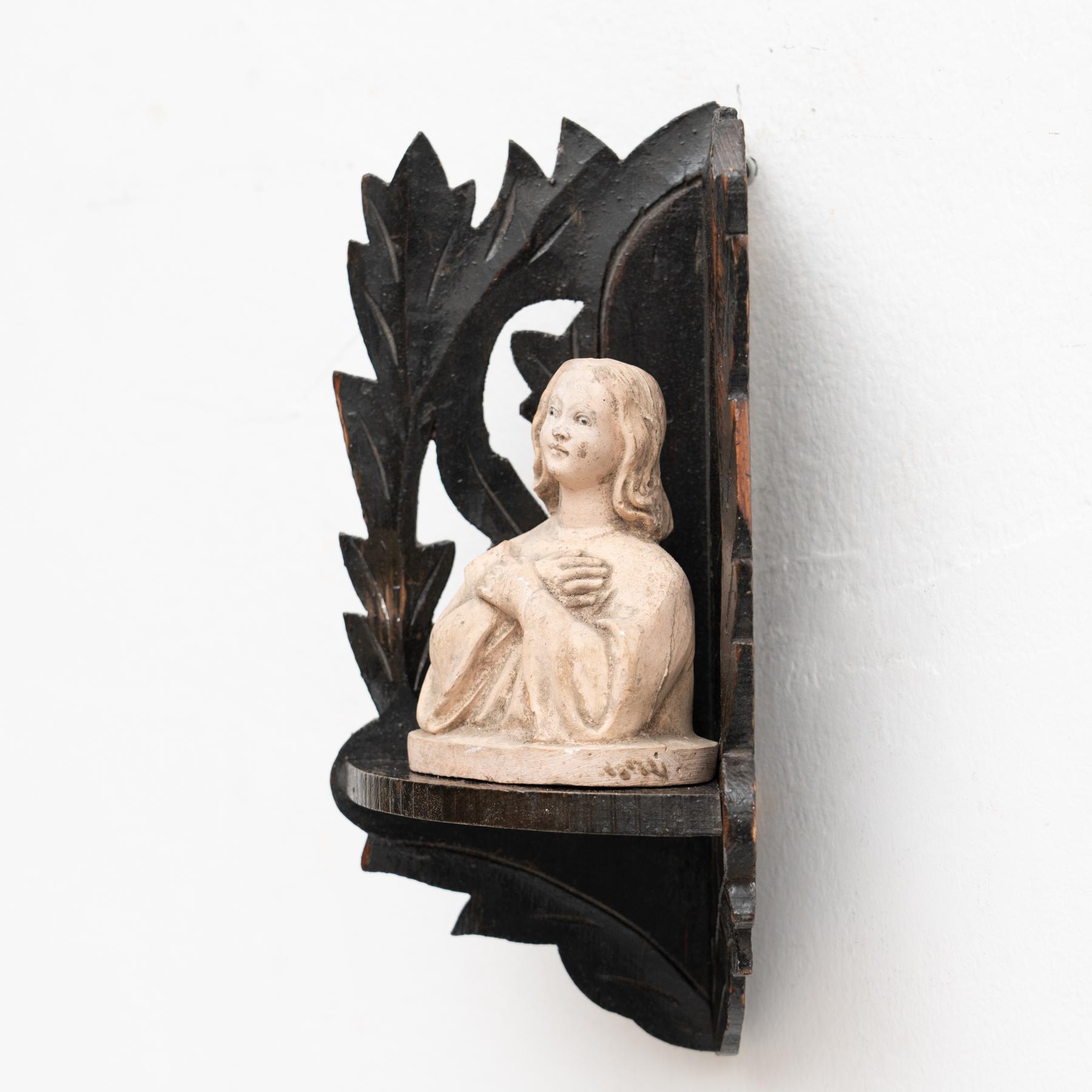 Spanish Plaster Virgin Traditional Figure in a Wooden Altar, circa 1950 For Sale