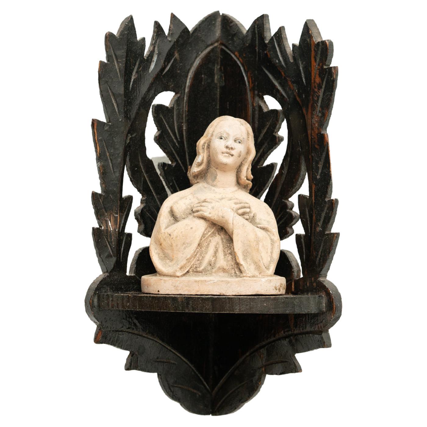 Plaster Virgin Traditional Figure in a Wooden Altar, circa 1950 For Sale