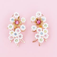 Plastic Flower Ear Climber Earrings With Pastel Rhinestones By Emmons, 1960s