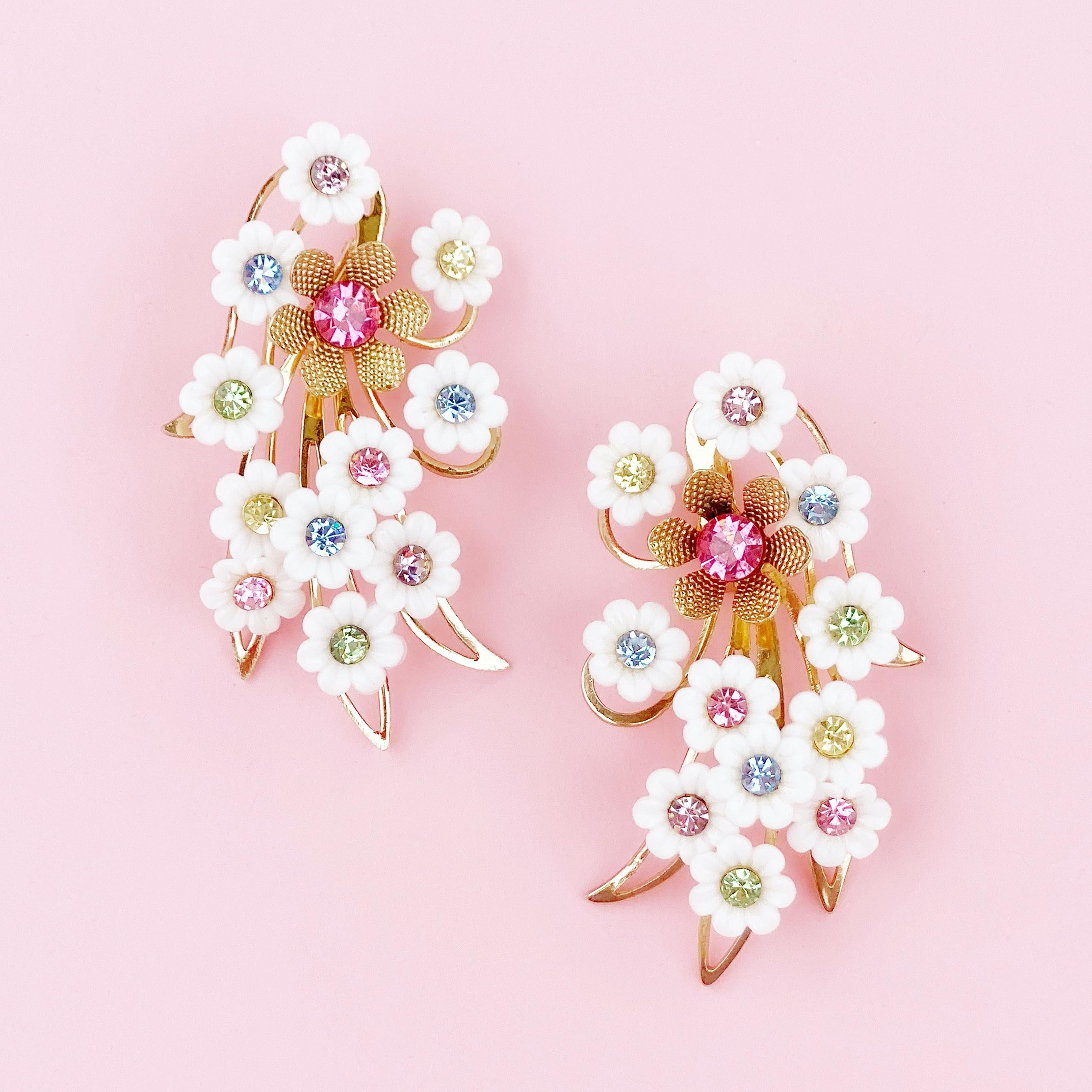 Modern Plastic Flower Ear Climber Earrings With Pastel Rhinestones By Emmons, 1960s