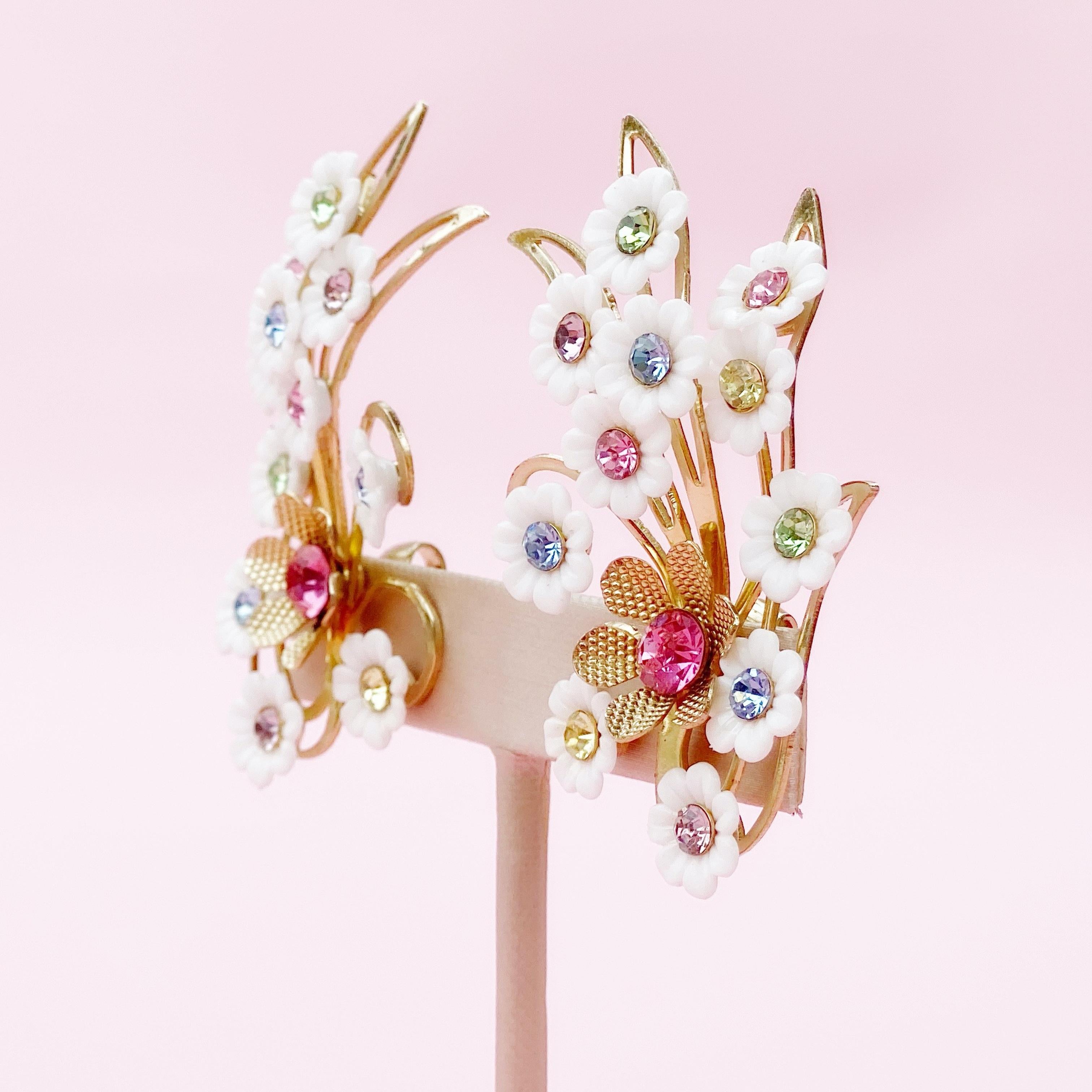 Women's Plastic Flower Ear Climber Earrings With Pastel Rhinestones By Emmons, 1960s