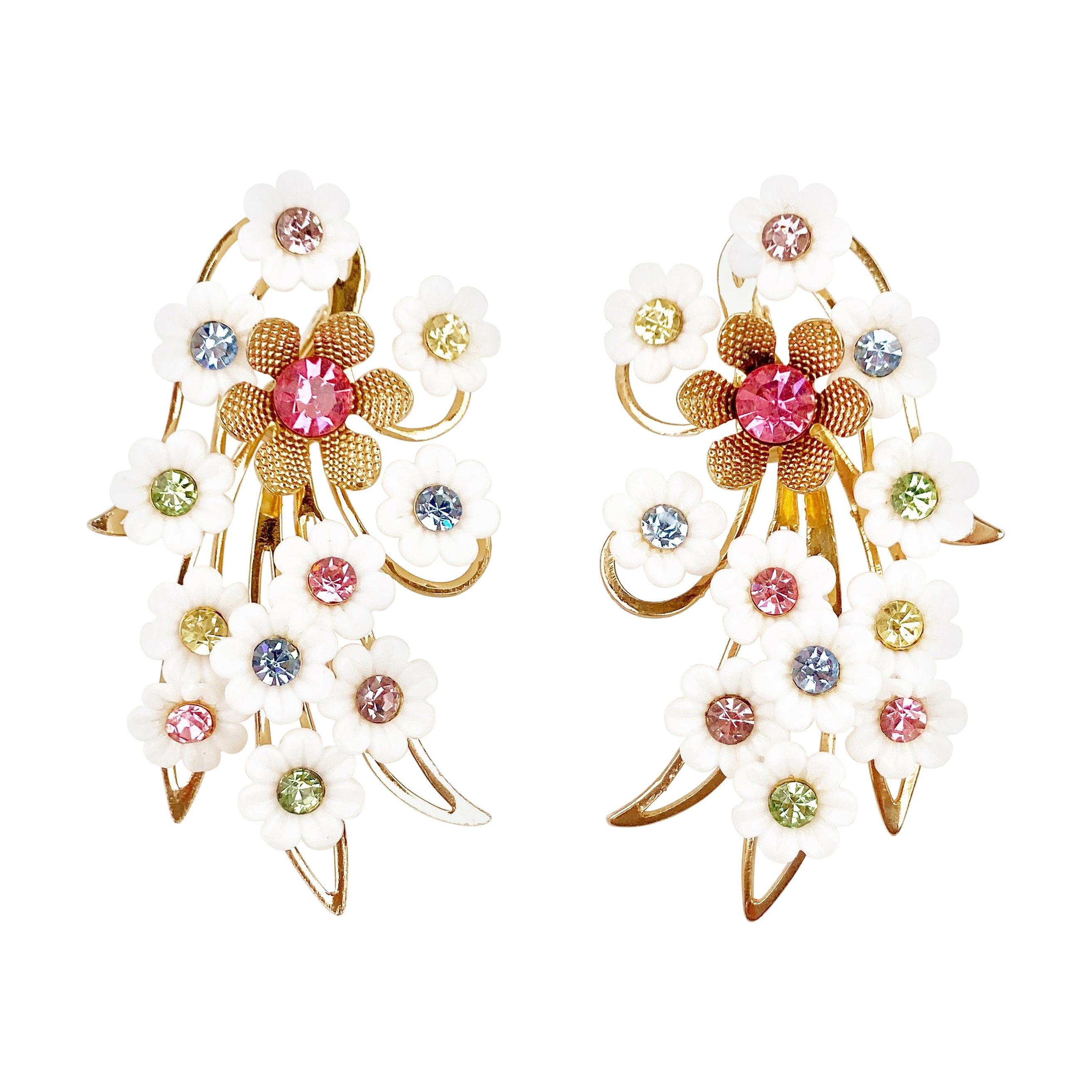 Plastic Flower Ear Climber Earrings With Pastel Rhinestones By Emmons, 1960s