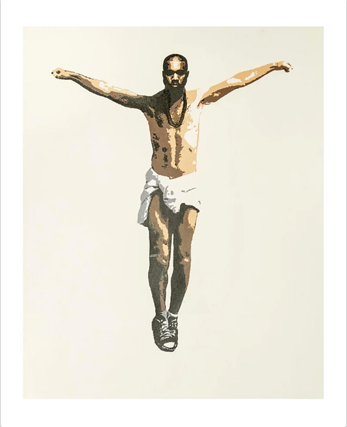 Plastic Jesus Figurative Print – „ „Der neue Messiah““ Acryl-Stickerei auf Papier