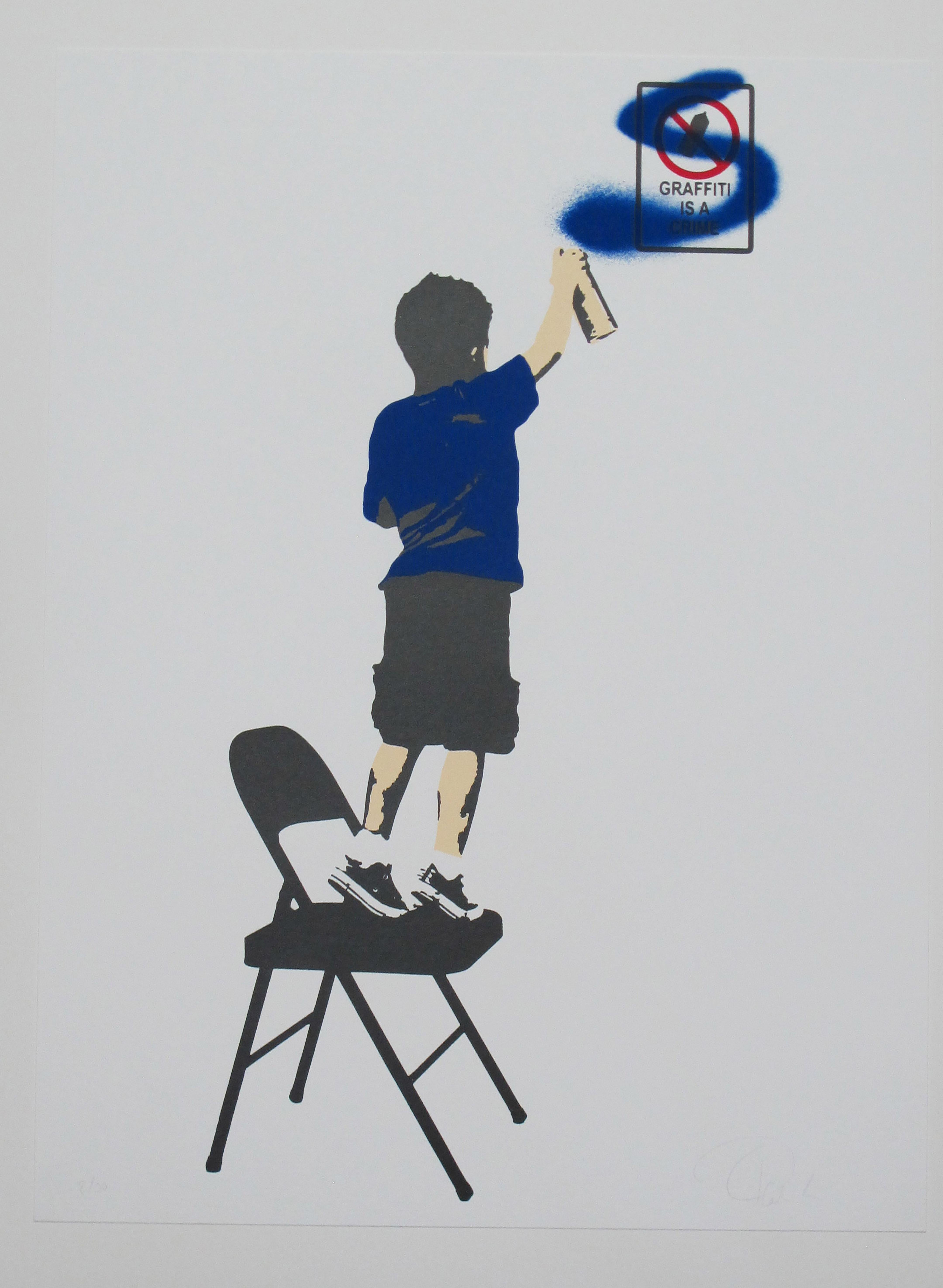 Blauer Acryl-Raumteilerdruck auf Papier ""Graffiti is a Crime"