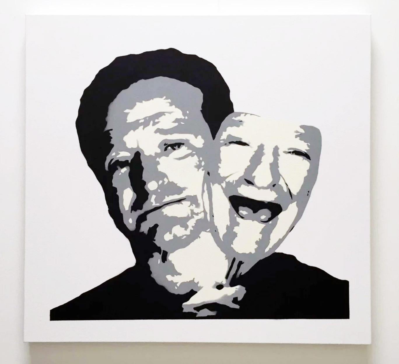 “Robin Williams behind the Mask” - stenciled acrylic spray on cotton canvas - Print by Plastic Jesus