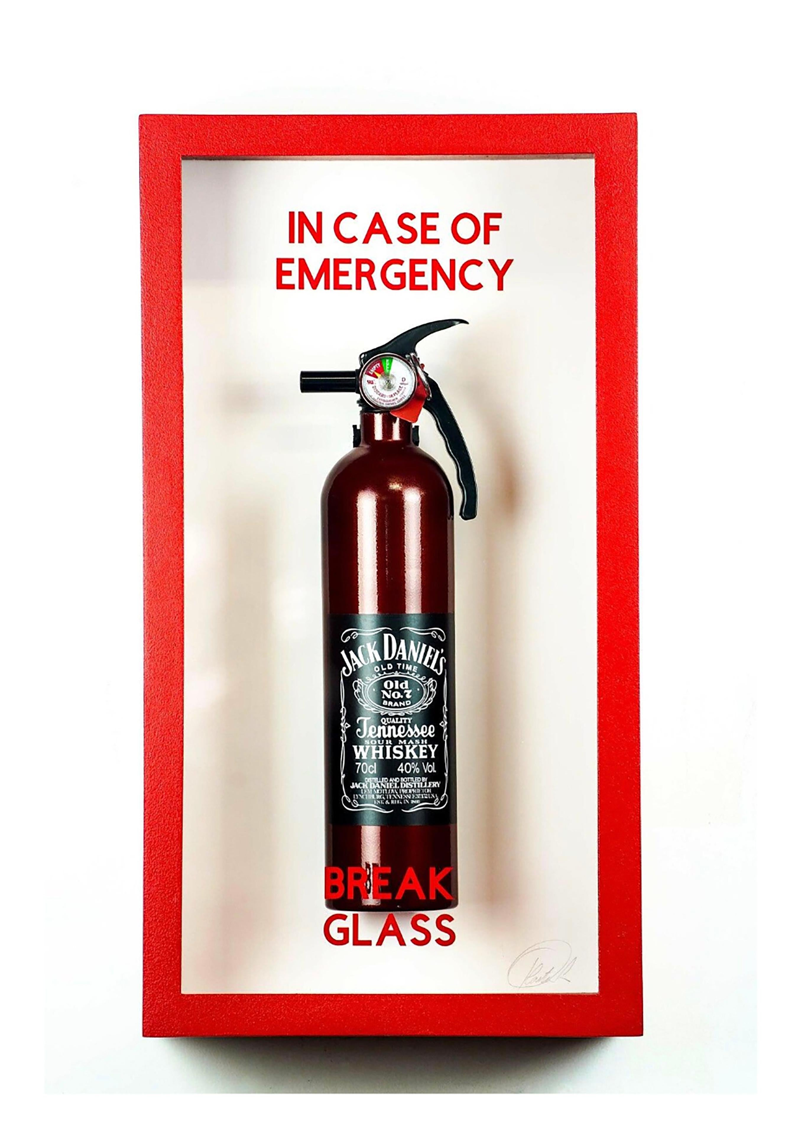 "In Case of Emergency Break Glass "Jack Daniels" Fire Extinguisher  - Sculpture by Plastic Jesus