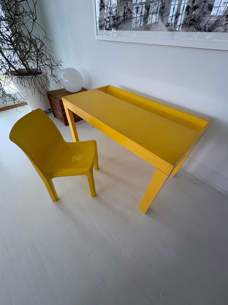 Plastic Mid Century Yellow Parsons Table and Chair 1970s For Sale