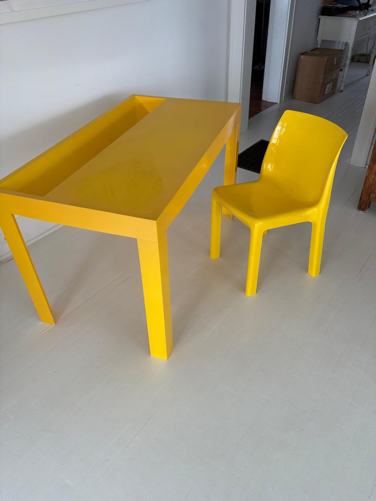 Plastic Mid Century Yellow Parsons Table and Chair 1970s For Sale