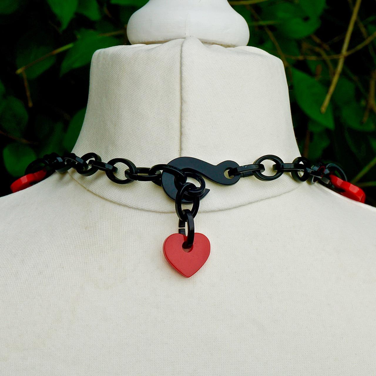 Marion Godart Plastic Red Heart Drops and Black Link Chain Necklace In Good Condition For Sale In London, GB