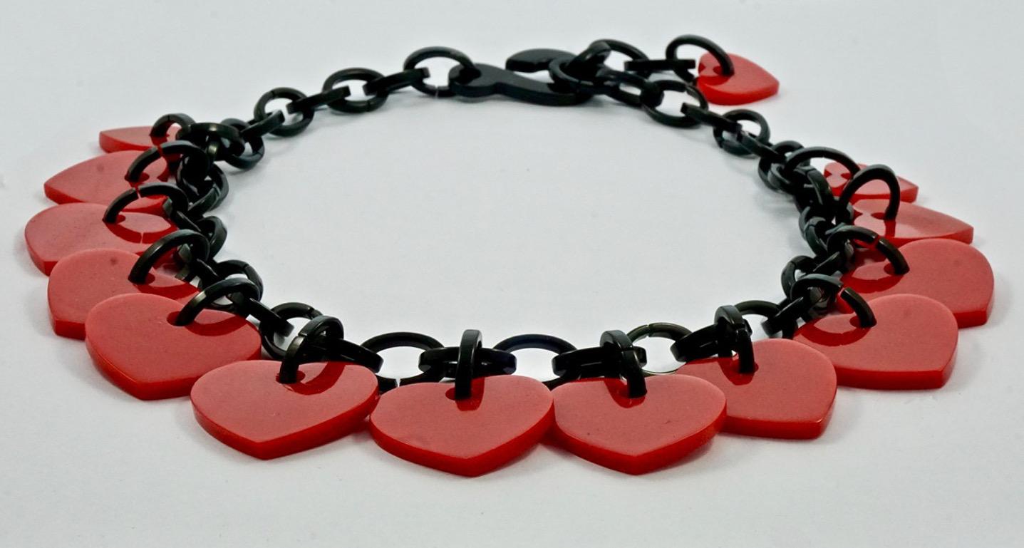 Women's or Men's Marion Godart Plastic Red Heart Drops and Black Link Chain Necklace For Sale