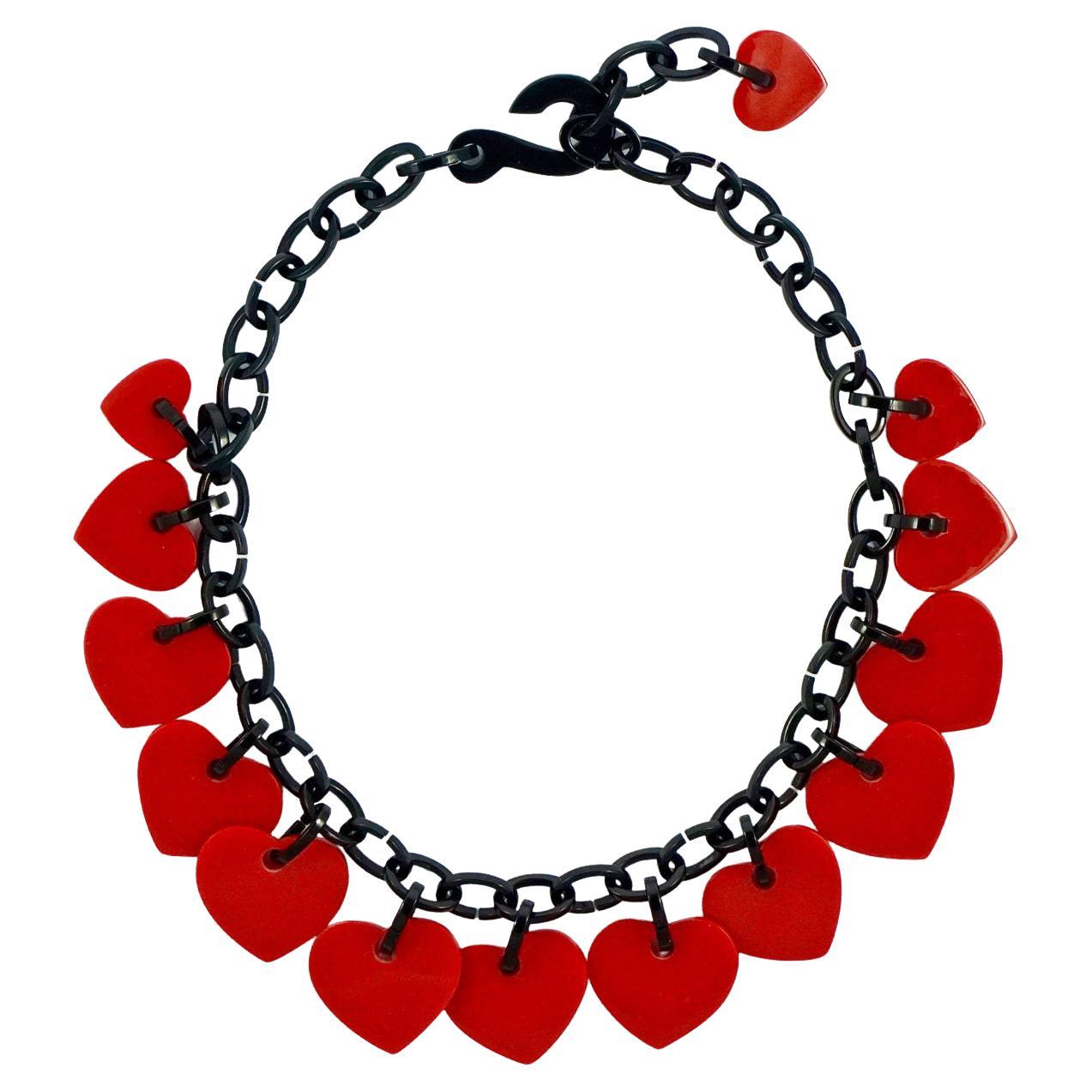 Marion Godart Plastic Red Heart Drops and Black Link Chain Necklace For Sale