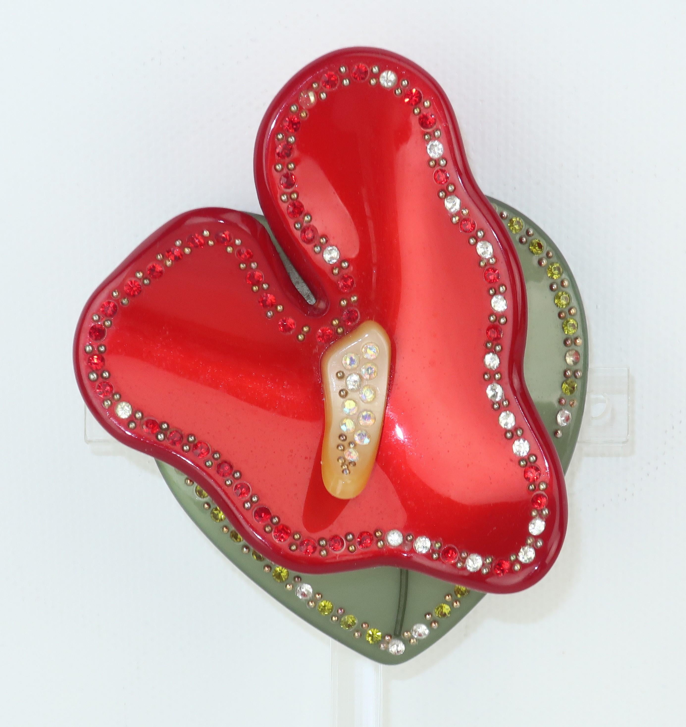 Plastic Tropical Flower Brooch With Rhinestones For Sale 2